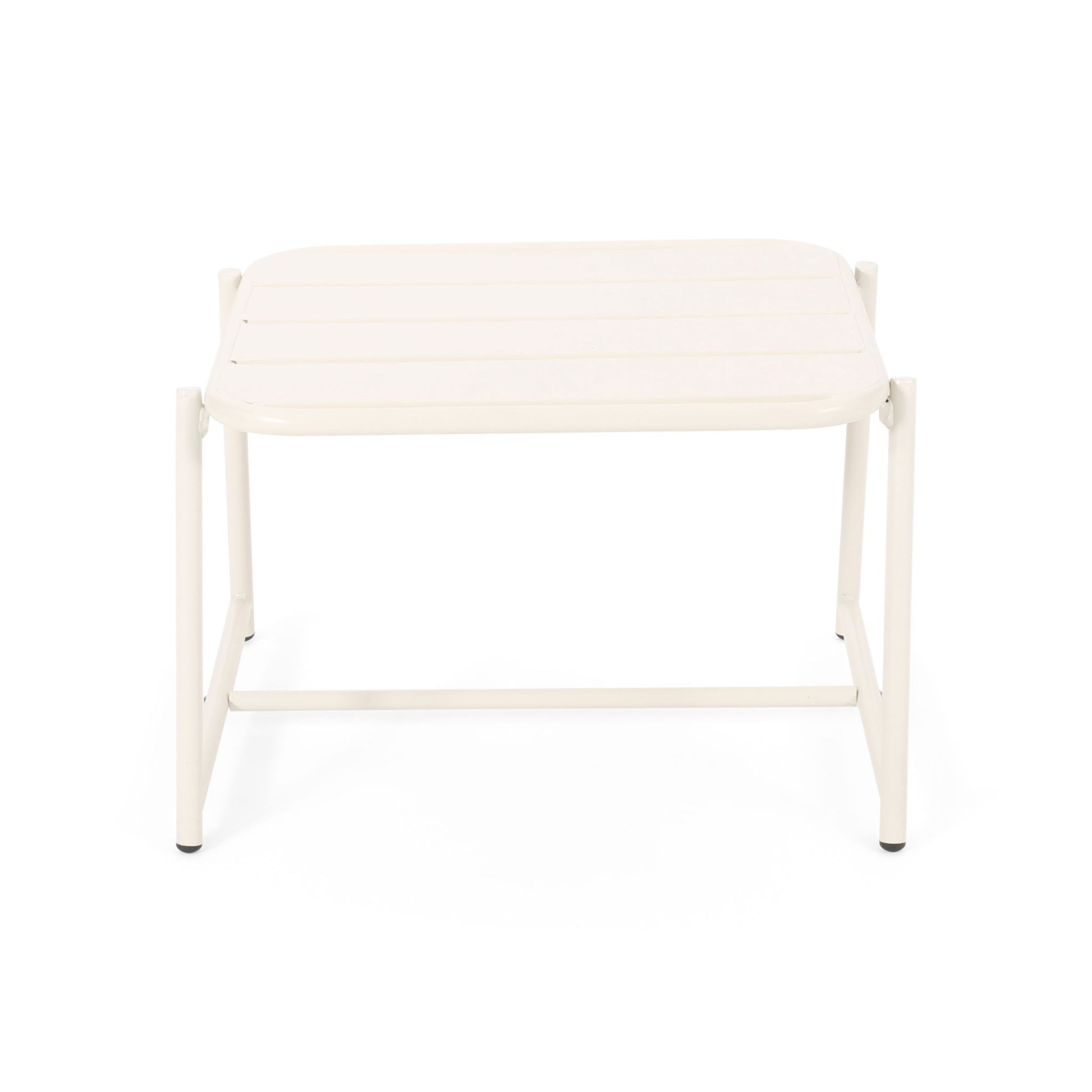 The Conrad - Side Table Outdoor is a compact, square white metal table with a slatted top and straight legs. Its minimal, modern design is perfect for outdoor spaces and is shown here against a plain white background.