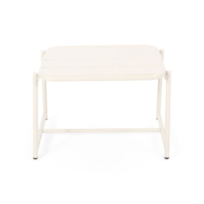 The Conrad - Side Table Outdoor is a compact, square white metal table with a slatted top and straight legs. Its minimal, modern design is perfect for outdoor spaces and is shown here against a plain white background.