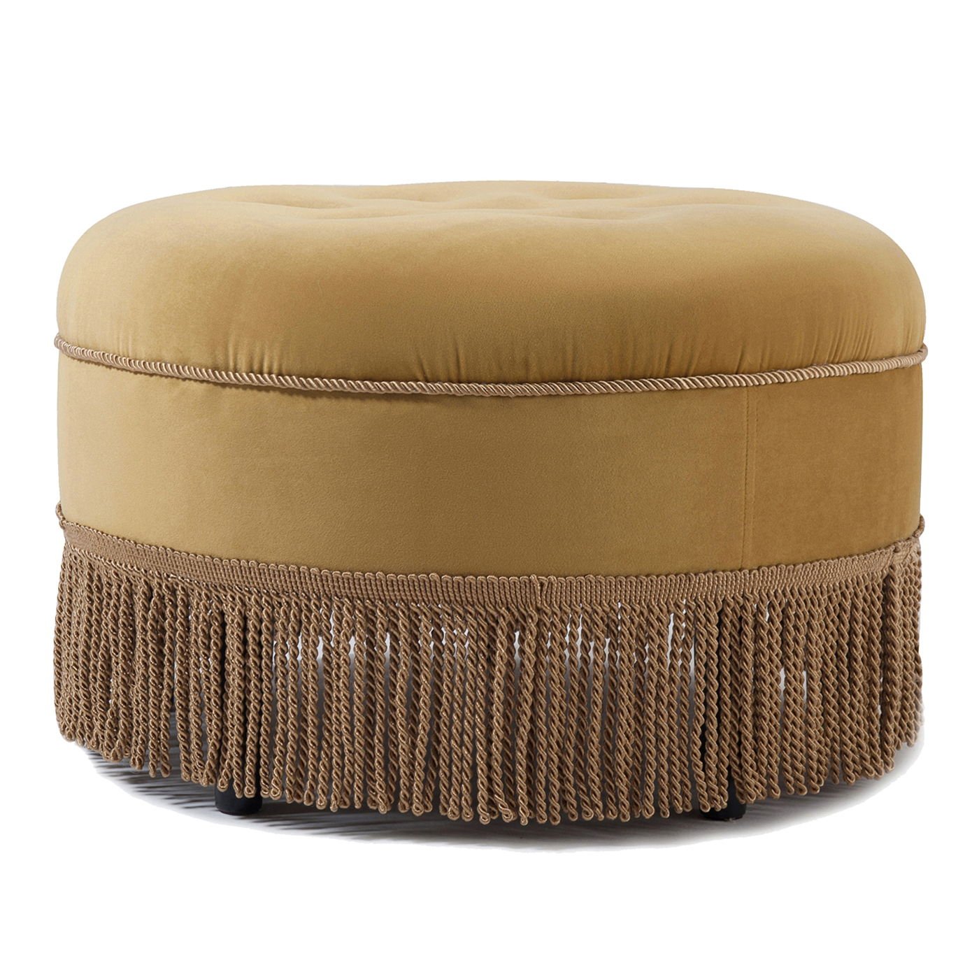 The Yolanda Luxurious Upholstery Round Ottoman features a tufted, mustard-yellow velvet-like fabric and decorative fringe trim for an elegant accent piece.