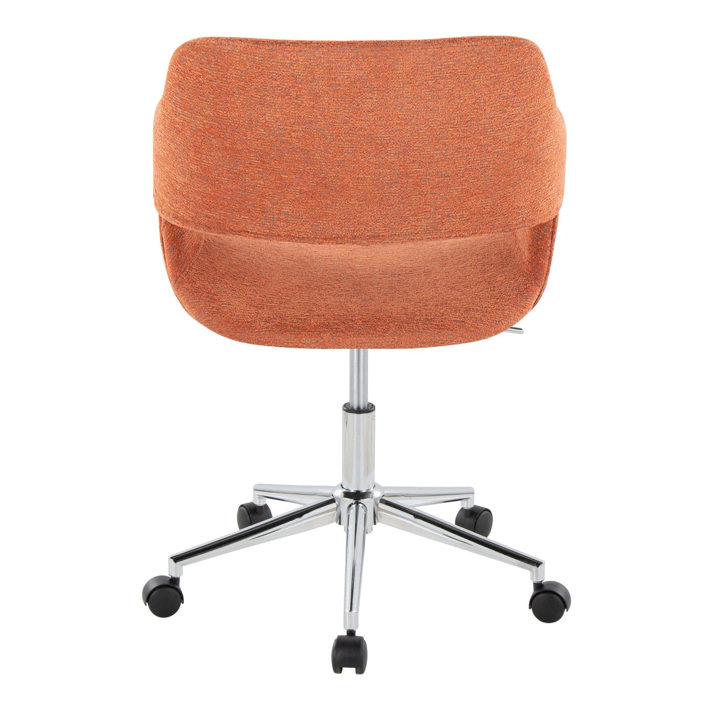 The Margarite Contemporary Office Task Chair features orange upholstery, a curved backrest, chrome base, five wheels for mobility, and a modern design. Shown from the back.