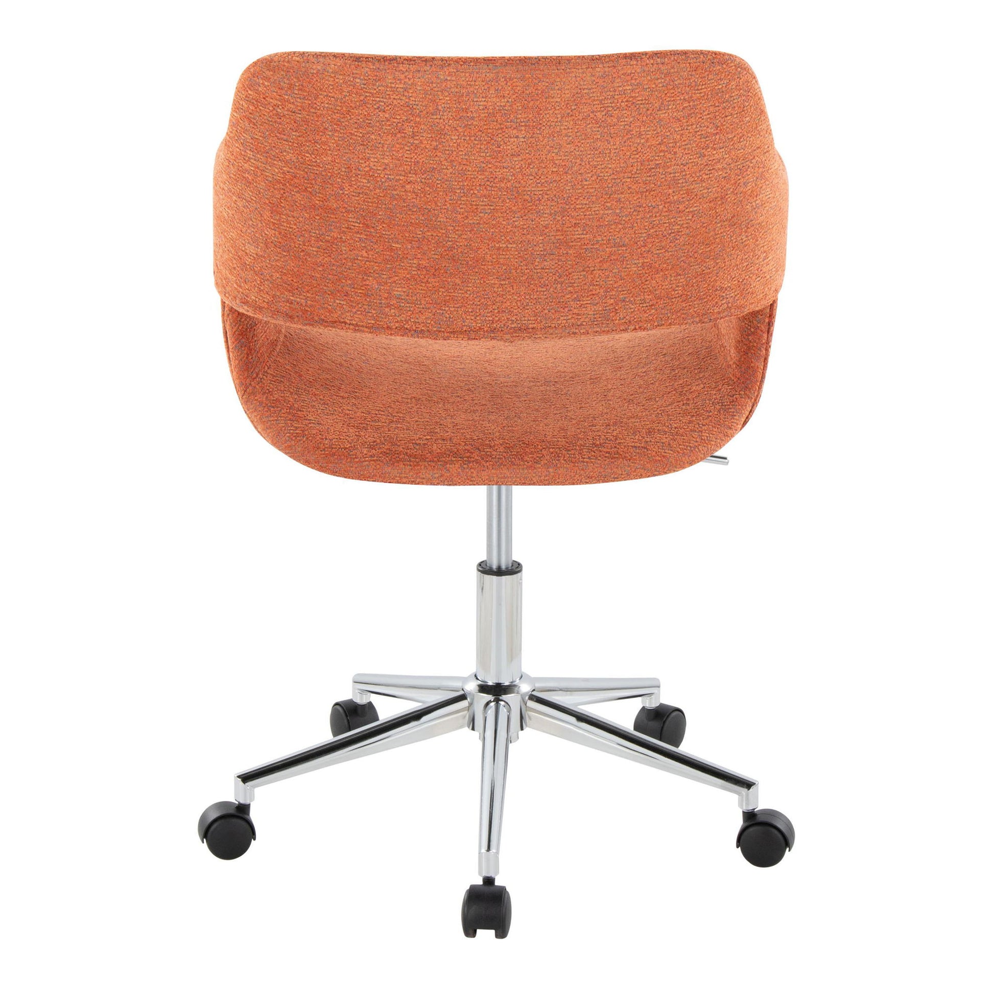 The Margarite Contemporary Office Task Chair features orange upholstery, a curved backrest, chrome base, five wheels for mobility, and a modern design. Shown from the back.