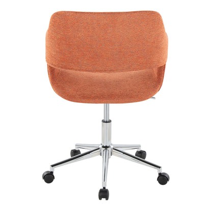 The Margarite Contemporary Office Task Chair features orange upholstery, a curved backrest, chrome base, five wheels for mobility, and a modern design. Shown from the back.