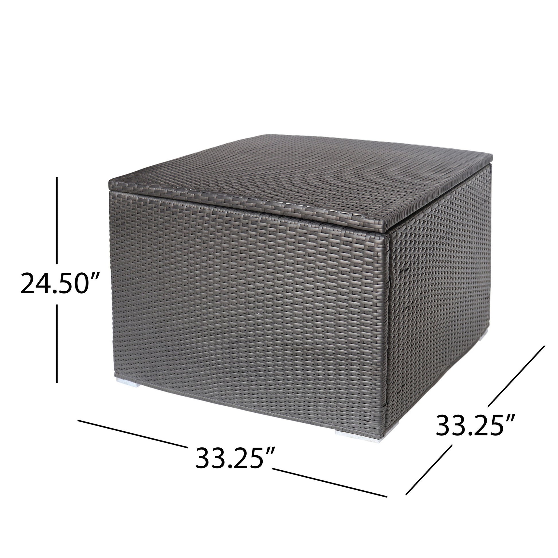 The Santa Rosa Storage Table is a square outdoor ottoman made of dark woven rattan, measuring 33.25"W x 33.25"D x 24.5"H, with labeled lines indicating its dimensions.