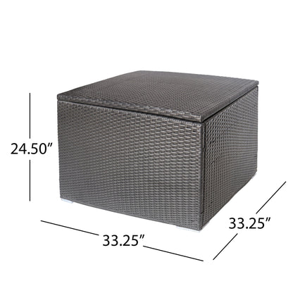 The Santa Rosa Storage Table is a square outdoor ottoman made of dark woven rattan, measuring 33.25"W x 33.25"D x 24.5"H, with labeled lines indicating its dimensions.