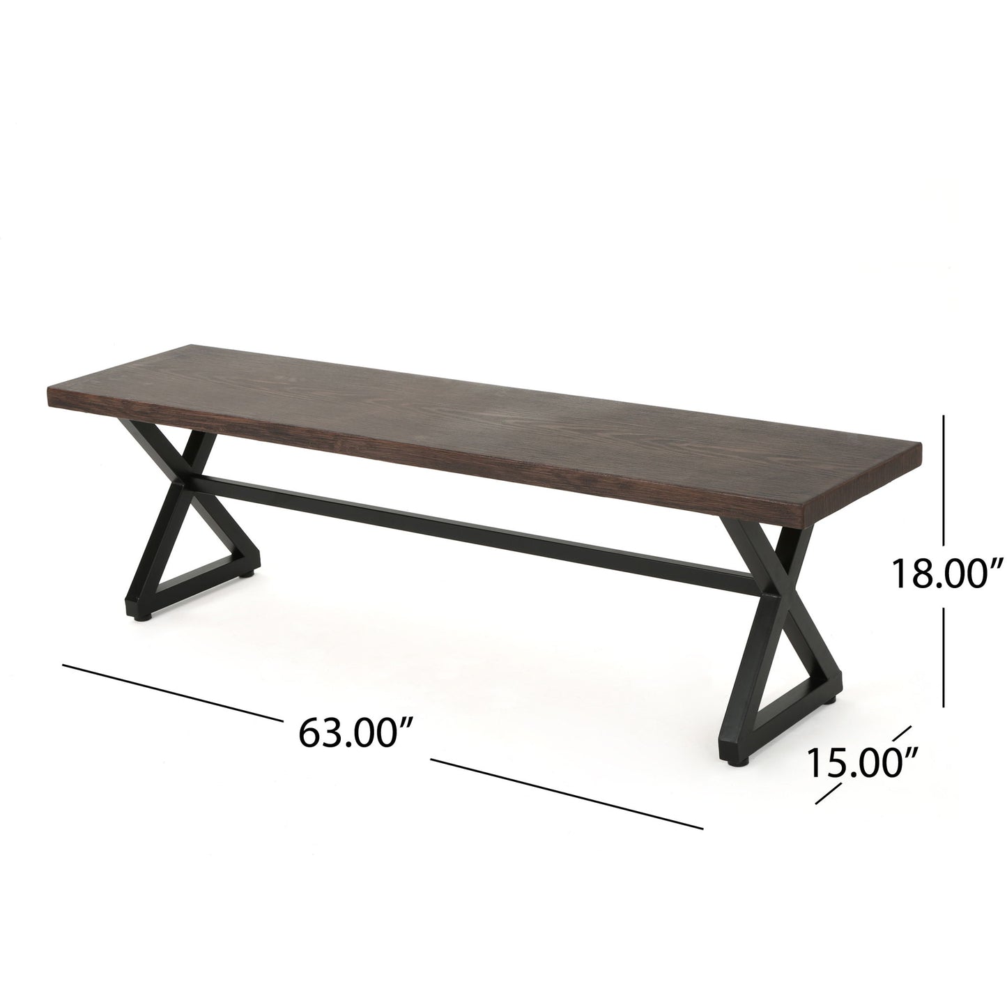 The Modern Aluminum Outdoor Dining Bench With X Base, measuring 63" L x 15" W x 18" H, features black metal X-shaped legs and is displayed on a white background with labeled dimensions.