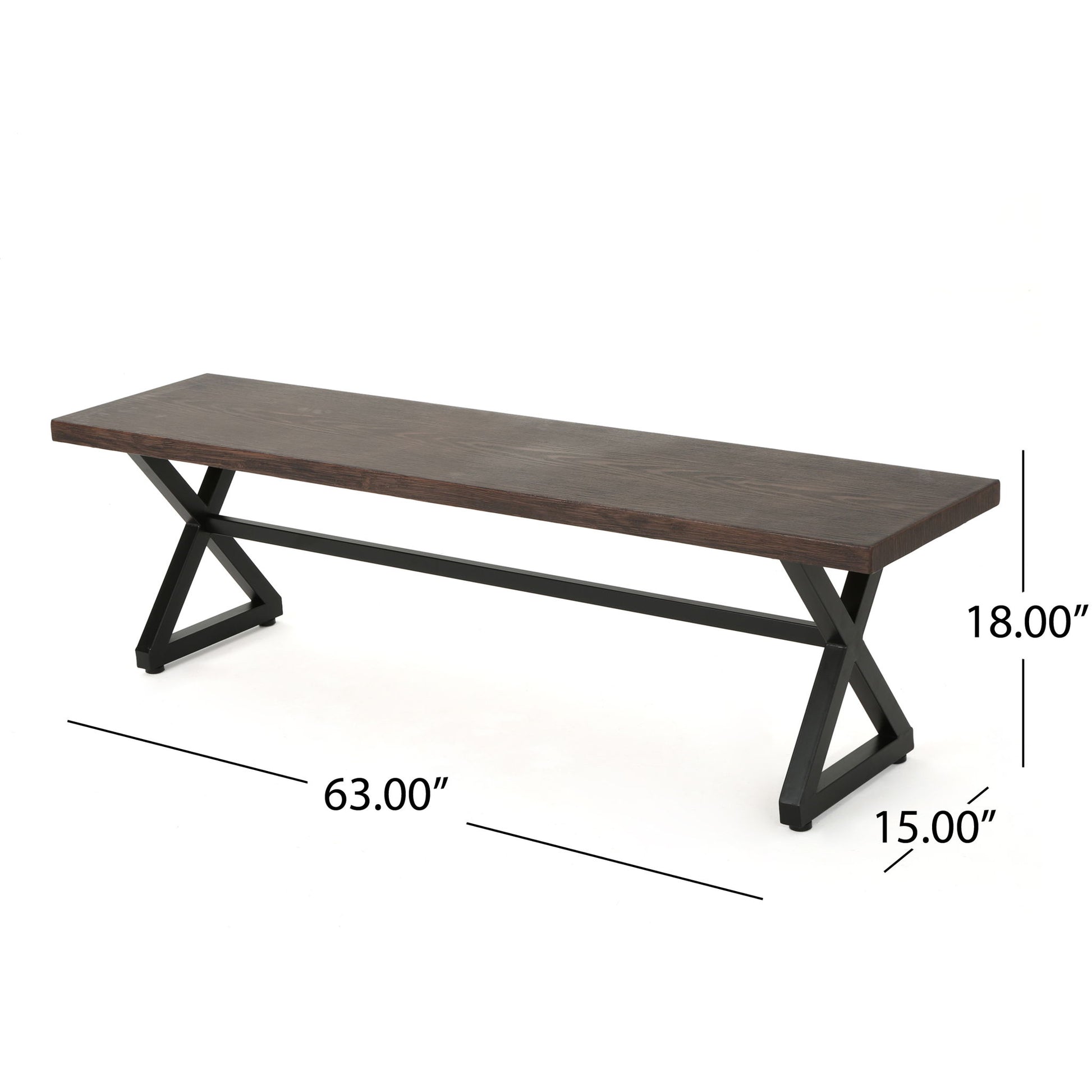 The Modern Aluminum Outdoor Dining Bench With X Base, measuring 63" L x 15" W x 18" H, features black metal X-shaped legs and is displayed on a white background with labeled dimensions.