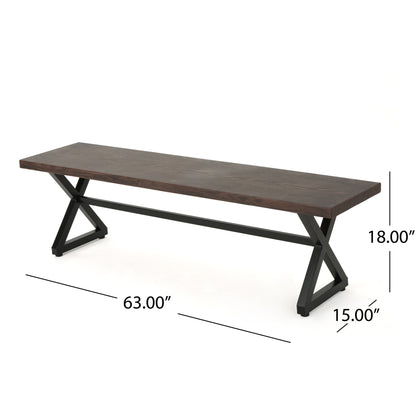 The Modern Aluminum Outdoor Dining Bench With X Base, measuring 63" L x 15" W x 18" H, features black metal X-shaped legs and is displayed on a white background with labeled dimensions.