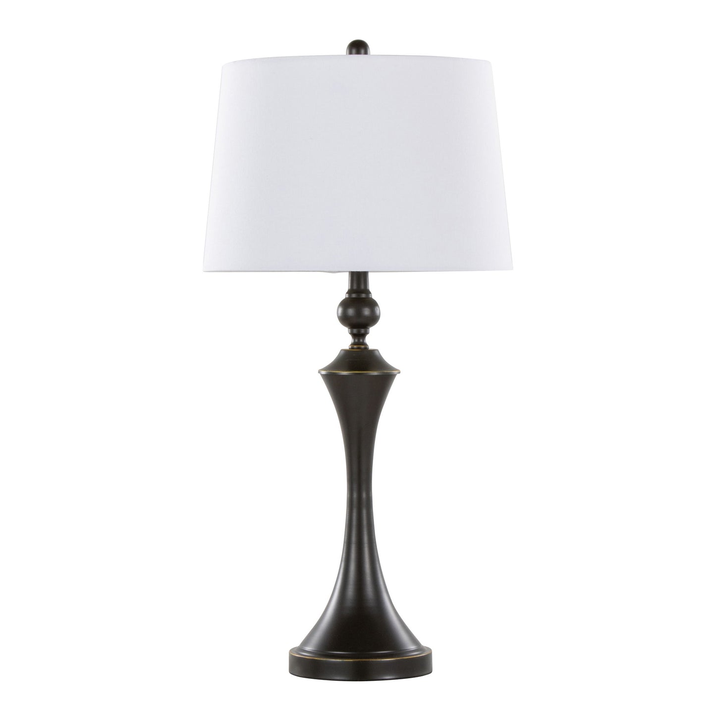 The Flint Contemporary Table Lamp (Set of 2) features a dark metallic slender curved base, a white tapered lampshade, and includes a built-in USB port. Shown against a plain white background.