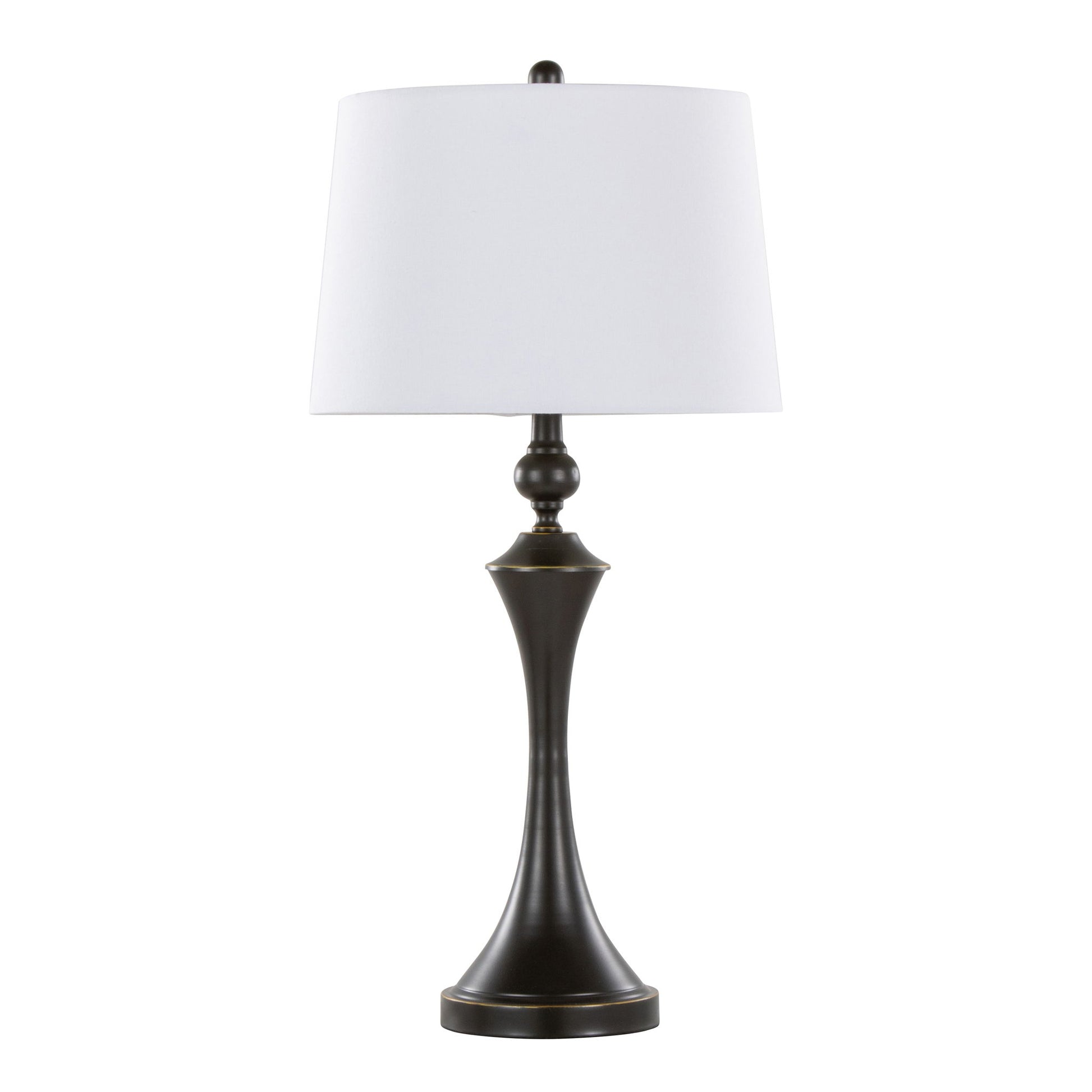 The Flint Contemporary Table Lamp (Set of 2) features a dark metallic slender curved base, a white tapered lampshade, and includes a built-in USB port. Shown against a plain white background.