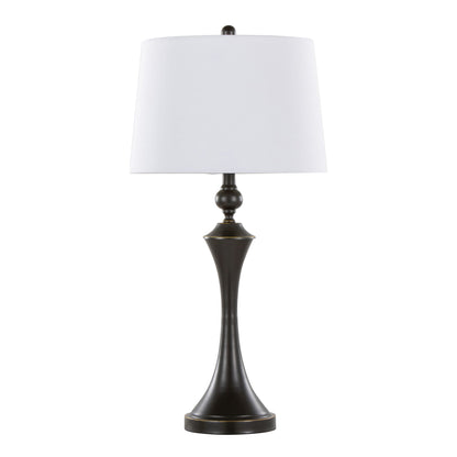 The Flint Contemporary Table Lamp (Set of 2) features a dark metallic slender curved base, a white tapered lampshade, and includes a built-in USB port. Shown against a plain white background.