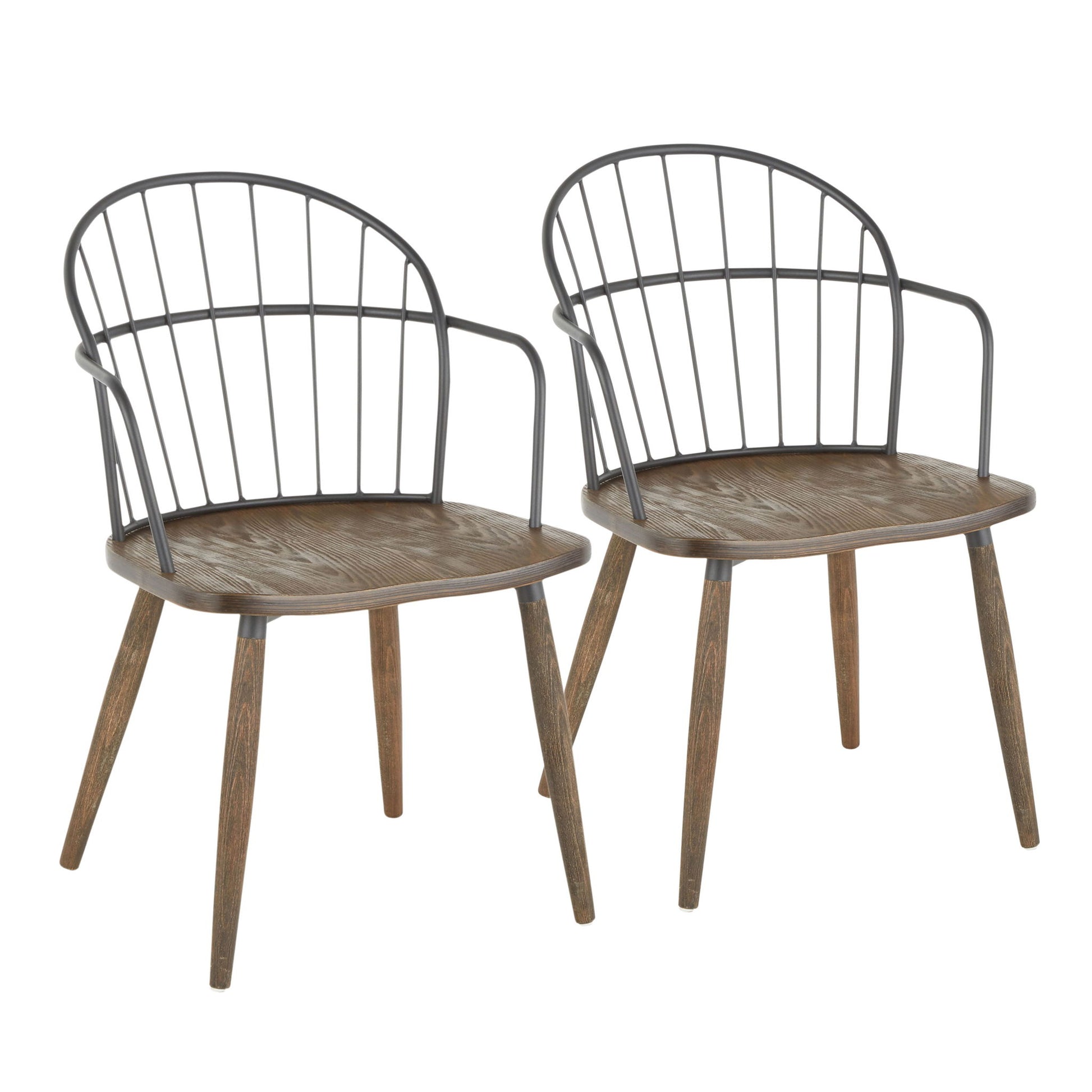 Two Riley - Farmhouse Office Chairs with curved metal backrests, armrests, angled wooden legs, and a minimalist rustic design.