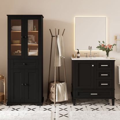 Bathroom Vanity & Tall Storage Cabinet Set With Doors, Adjustable Shelves, Soft Close Hinges, Sink