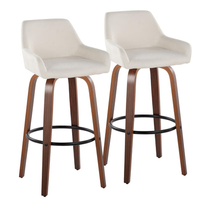 The Daniella set includes two contemporary barstools with light beige cushioned seats, curved backrests, wooden legs, and black round footrests for support. Fixed height and swivel features add comfort and style.