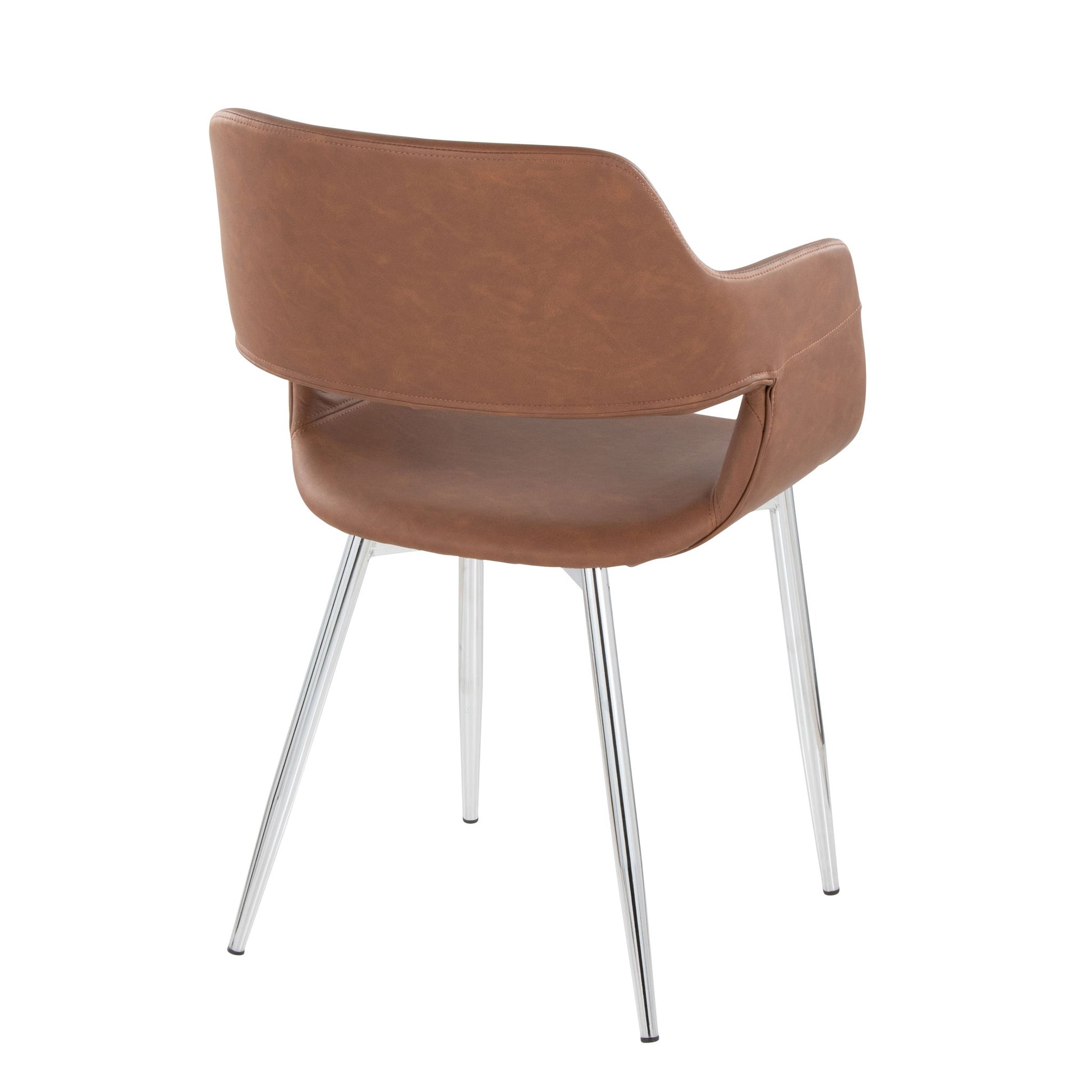 The Margarite - Contemporary Dining Chair (Set of 2) features a brown leather upholstered seat, curved backrest, and metal legs, shown from an angle behind against a plain white background.