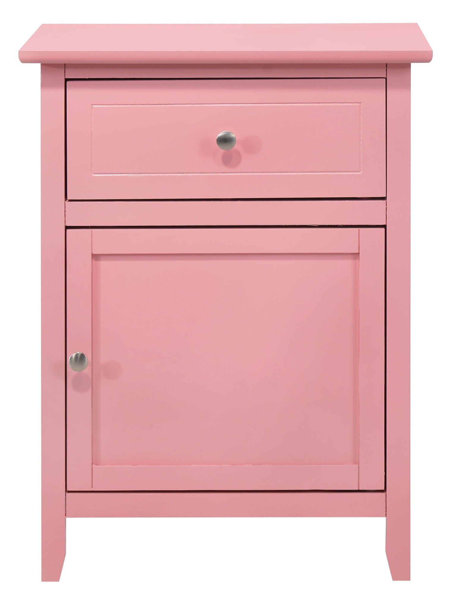 The Izzy - 1 Drawer /1 Door Nightstand is a small pink wooden cabinet with a top drawer and lower door, each with a round silver knob.