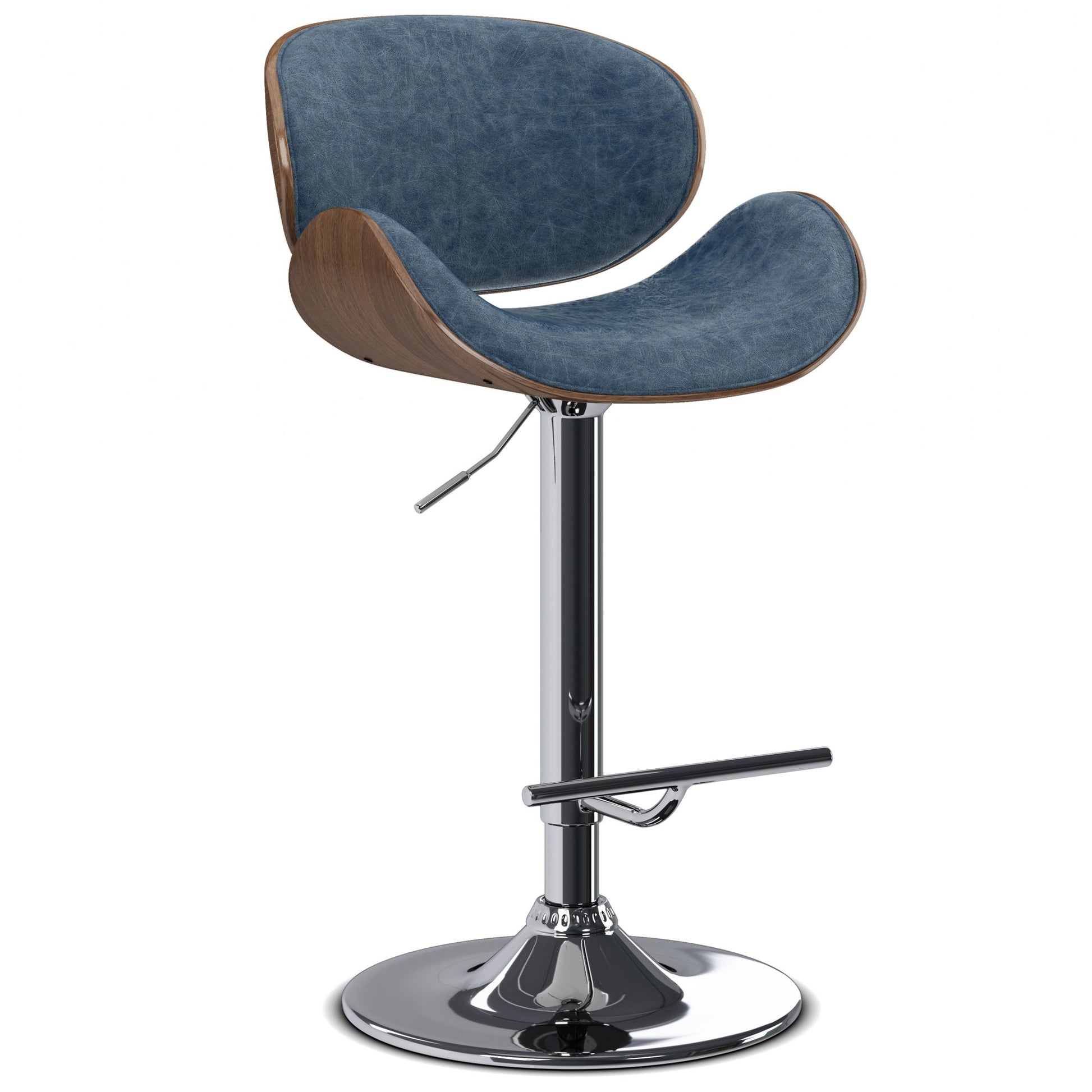 The Marana Multifunctional Handcrafted Bentwood Adjustable Swivel Bar Stool features a curved wooden frame, blue cushioned seat and backrest, chrome adjustable base, and footrest, all set against a white background.