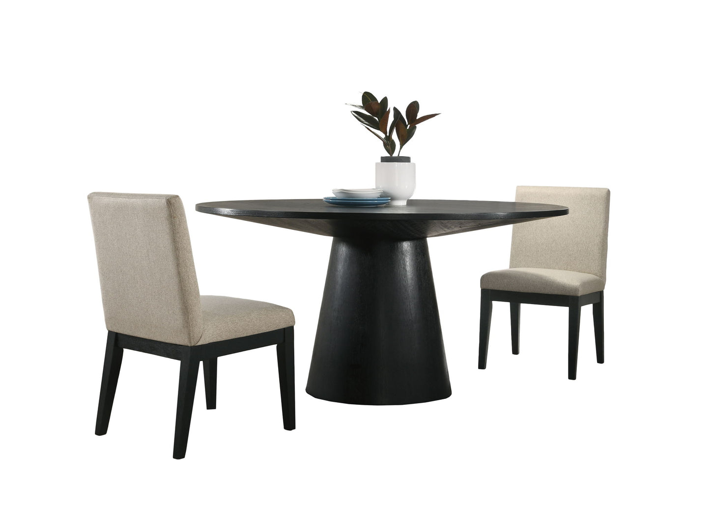 The Jasper dining set features a wide, contemporary round black table topped with a white vase and plates, paired with two beige fabric upholstered chairs with black legs on either side.