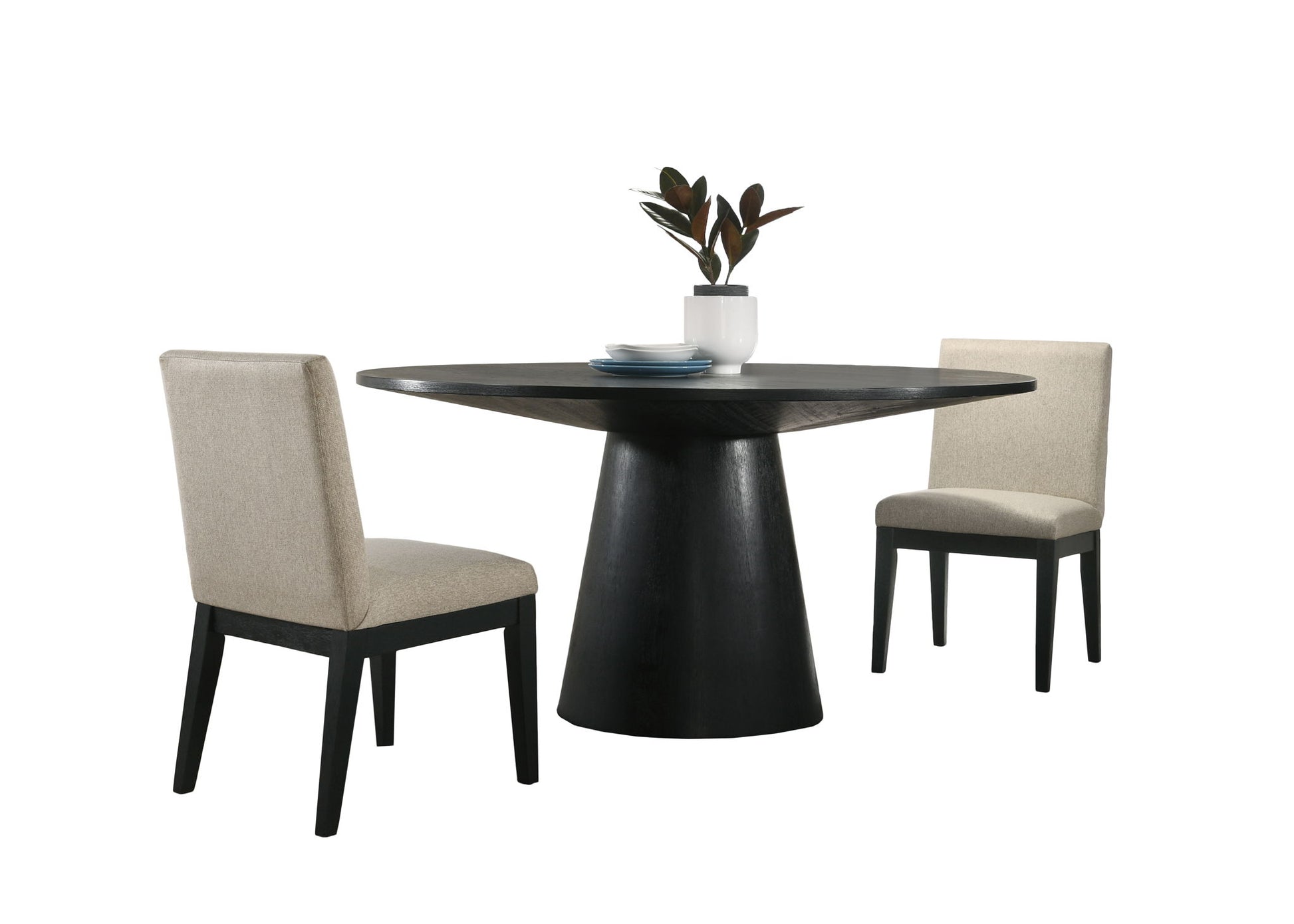 The Jasper dining set features a wide, contemporary round black table topped with a white vase and plates, paired with two beige fabric upholstered chairs with black legs on either side.