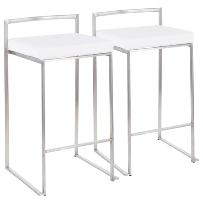 The Fuji Contemporary Elegant Stackable Counter Stool Set includes two modern stools with square white cushioned seats, sleek silver metal frames, low horizontal backrests, and open leg supports with footrests.