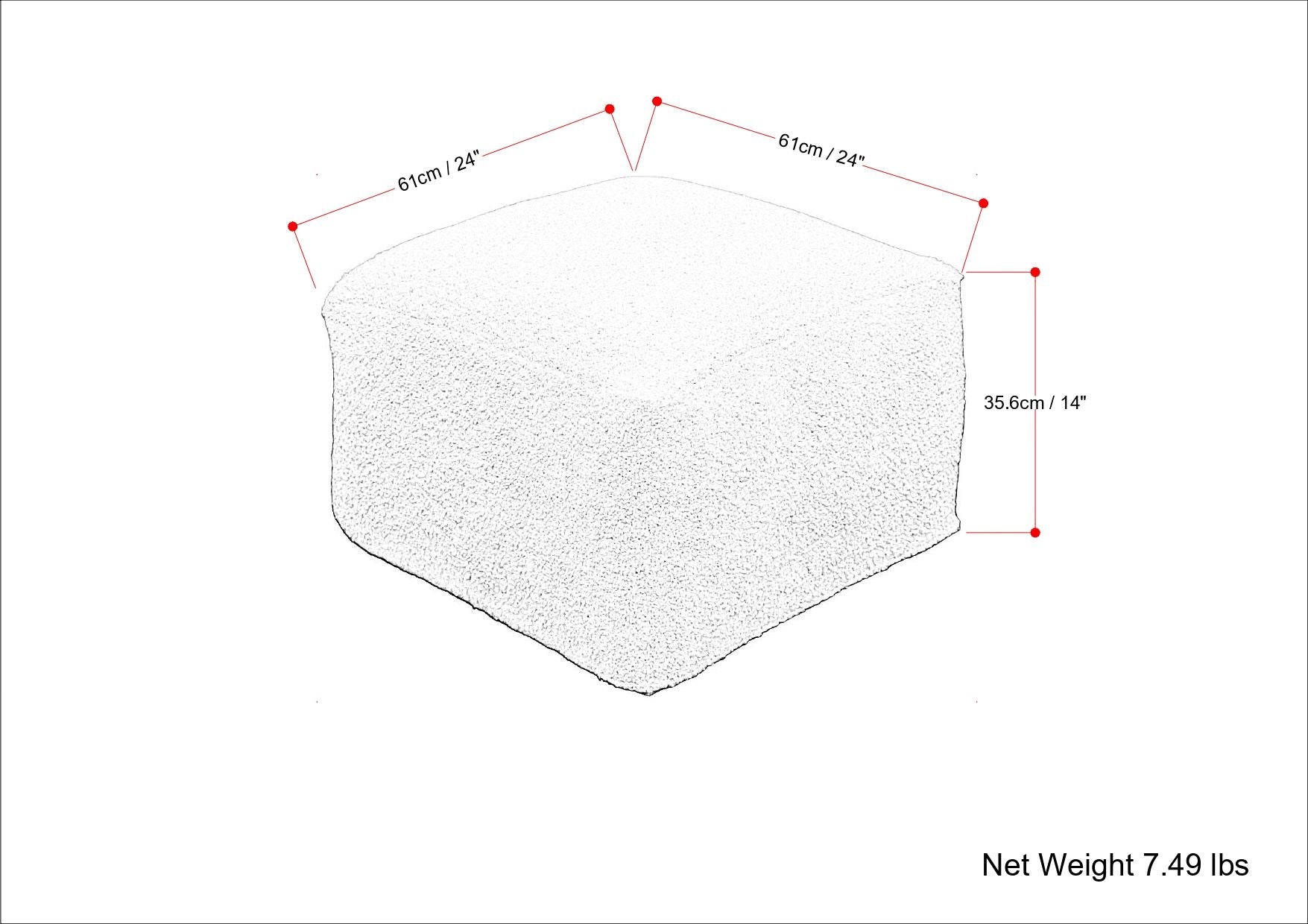 The Chantal Square Pouf in ivory measures 61 cm (24") per side and stands 35.6 cm (14") tall. It weighs 7.49 lbs and features a minimal, sketch-like image with red dots and lines highlighting its dimensions.