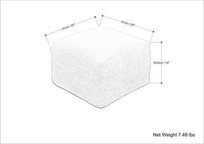 The Chantal Square Pouf in ivory measures 61 cm (24") per side and stands 35.6 cm (14") tall. It weighs 7.49 lbs and features a minimal, sketch-like image with red dots and lines highlighting its dimensions.