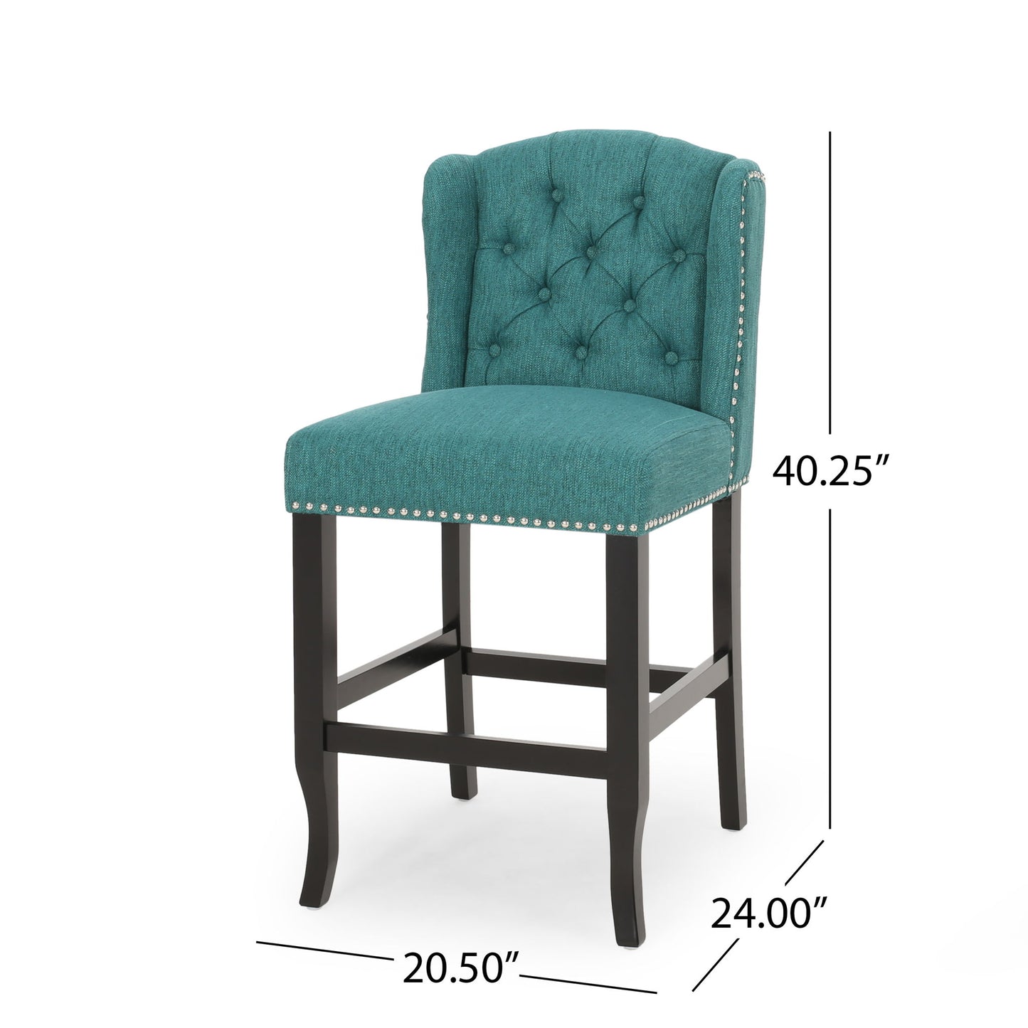 The Vienna - Fabric Tufted Counter Stool With Nailhead Accents (Set of 2) features teal upholstery, a tufted back, silver nailhead trim, dark wooden legs, and measures 40.25"H x 24"D x 20.5"W with measurement lines shown.