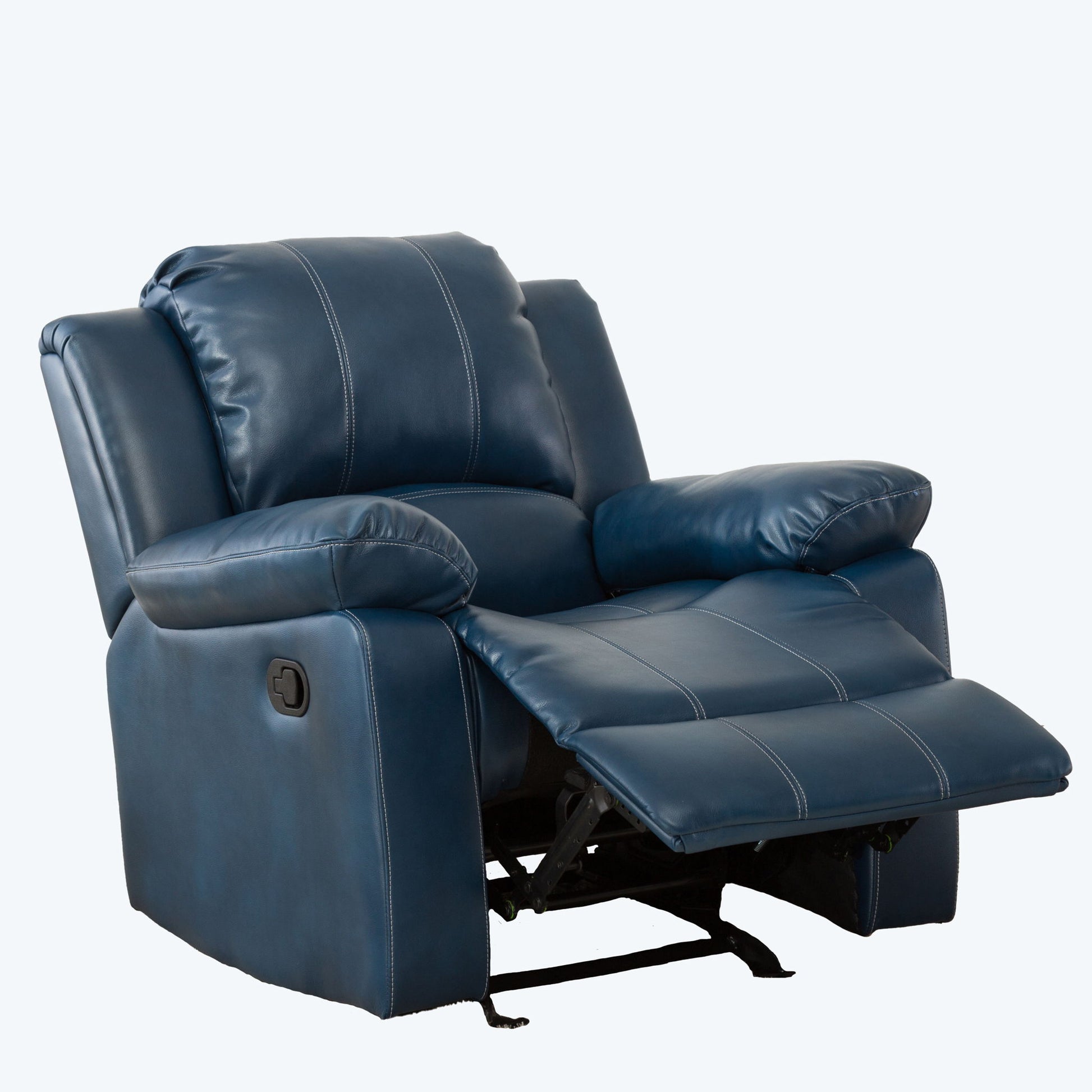 The Charlotte Glider Recliner With Classic Style is a blue leather chair with padded armrests, backrest, white stitching, and an extended footrest. It appears comfortable and is pictured partially reclined against a plain background.