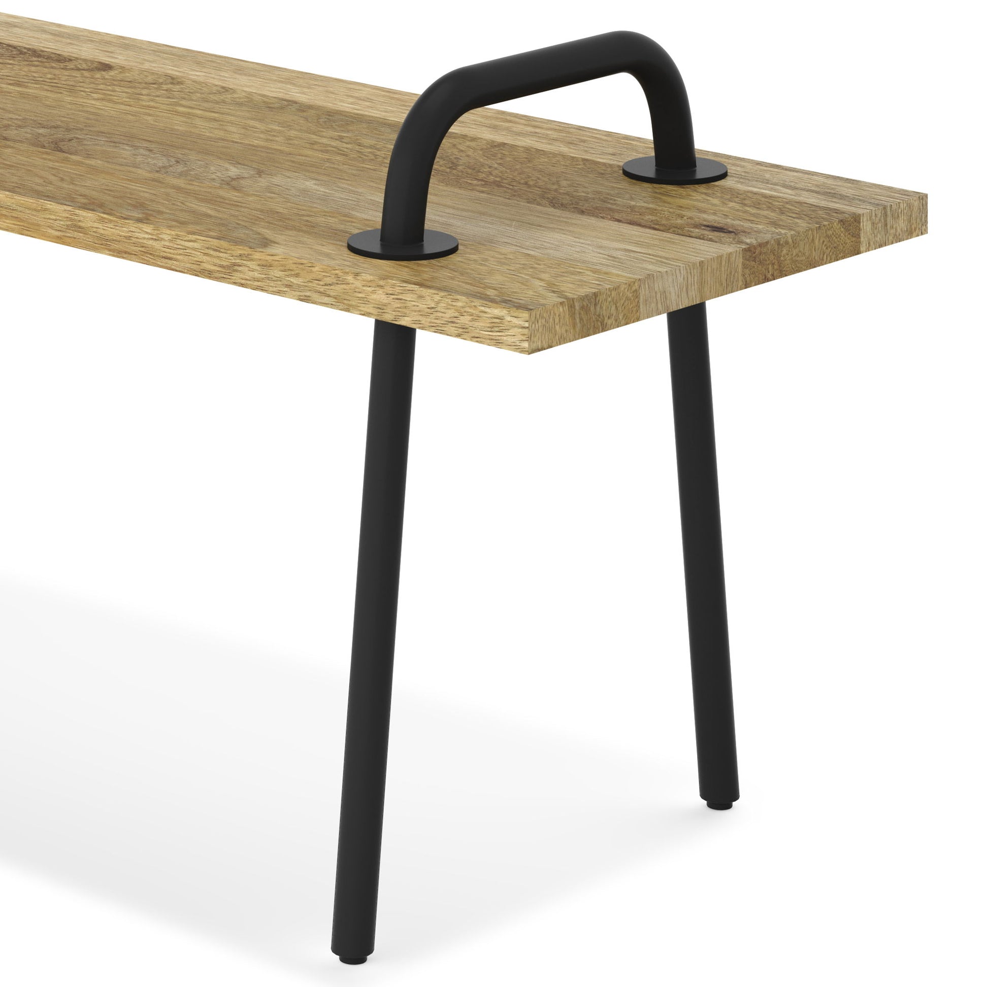 The Berkeley - Entryway Bench is a modern wooden bench with a natural finish and sleek black metal legs, including one that curves over the top to form a unique handle-like shape for minimalist style.