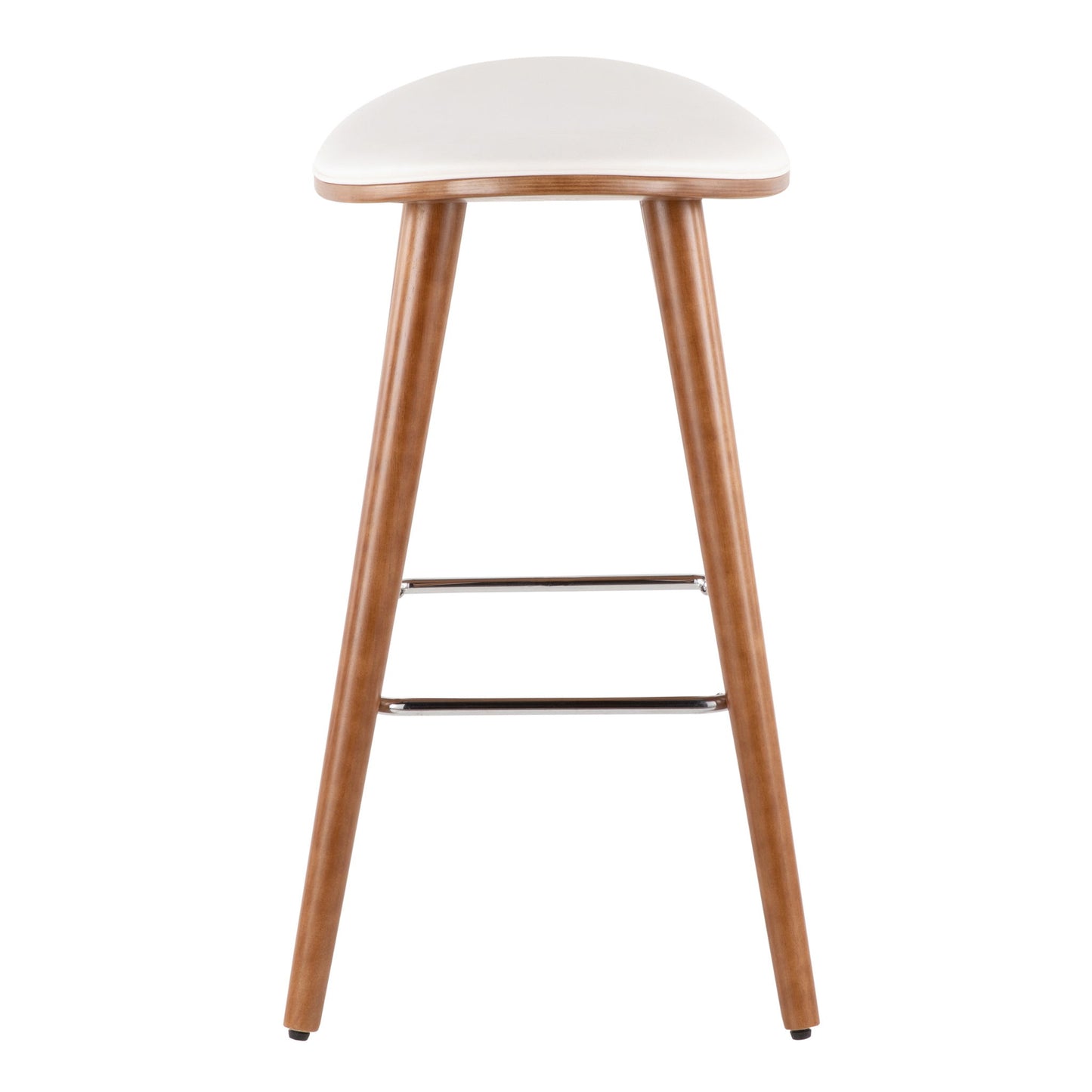 The Saddle - Contemporary Counter Stool (Set of 2) features a white curved seat, three angled wooden legs, and a metal footrest, shown from the front.
