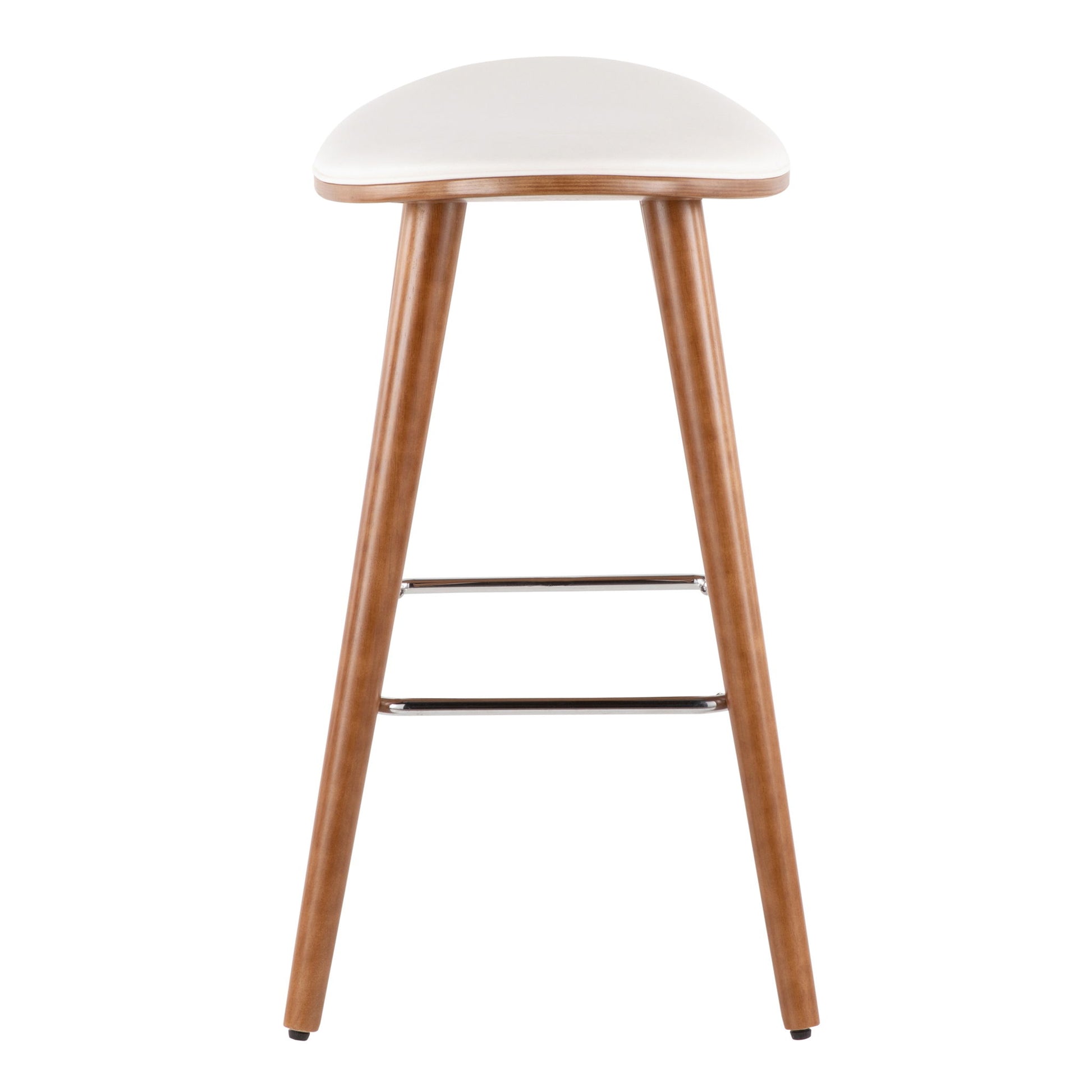 The Saddle - Contemporary Counter Stool (Set of 2) features a white curved seat, three angled wooden legs, and a metal footrest, shown from the front.