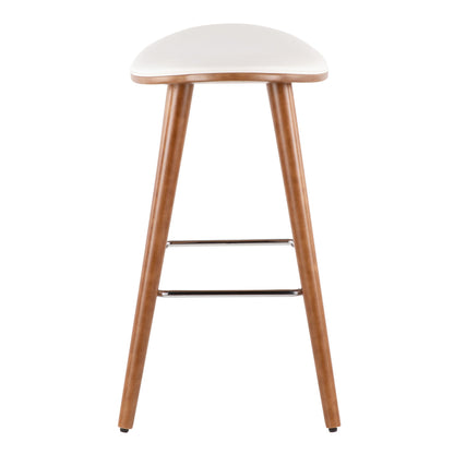 The Saddle - Contemporary Counter Stool (Set of 2) features a white curved seat, three angled wooden legs, and a metal footrest, shown from the front.