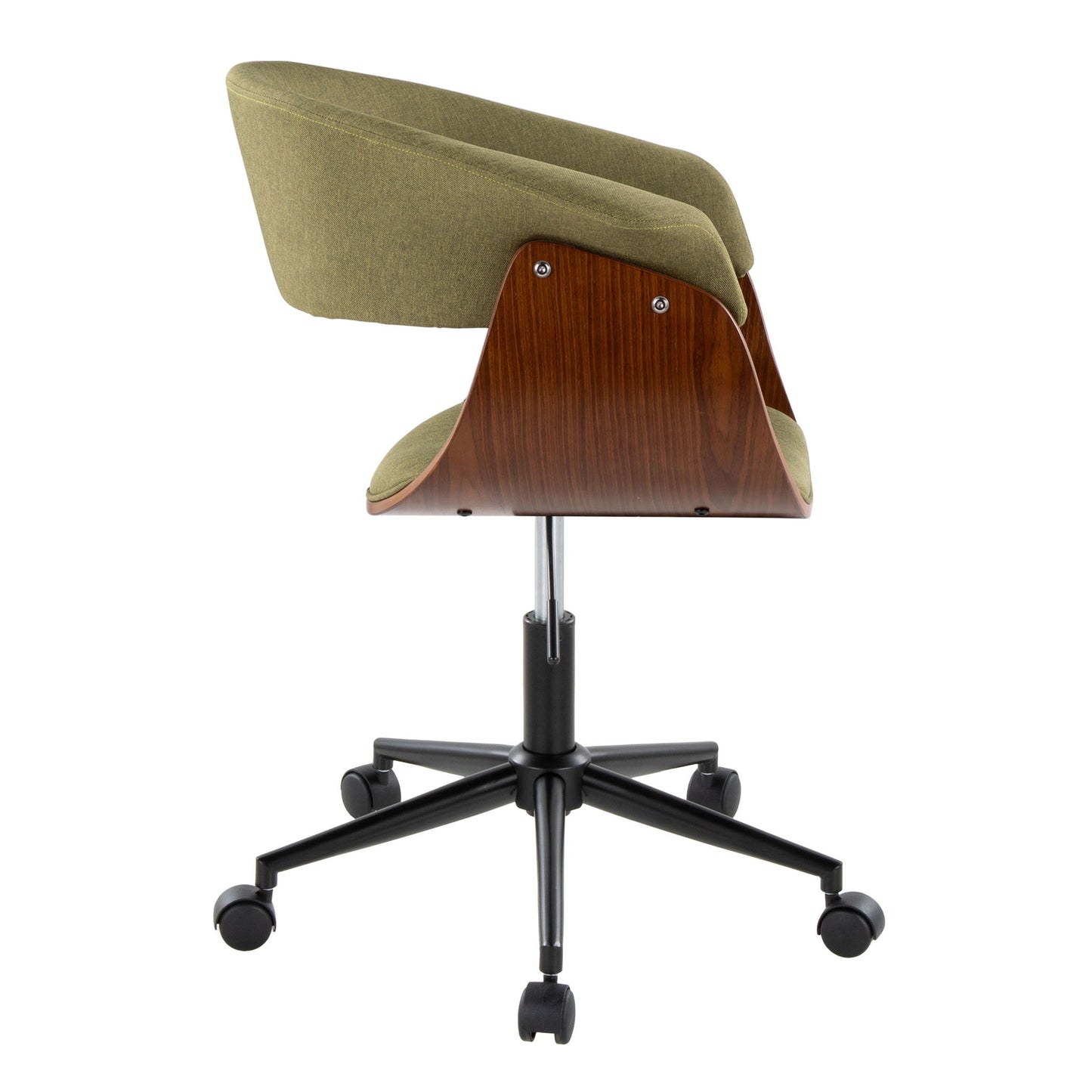 The Vintage Mod - Mid Century Modern Office Chair features olive green upholstery, a curved wooden backrest, and a black metal five-wheel base, shown from the back.