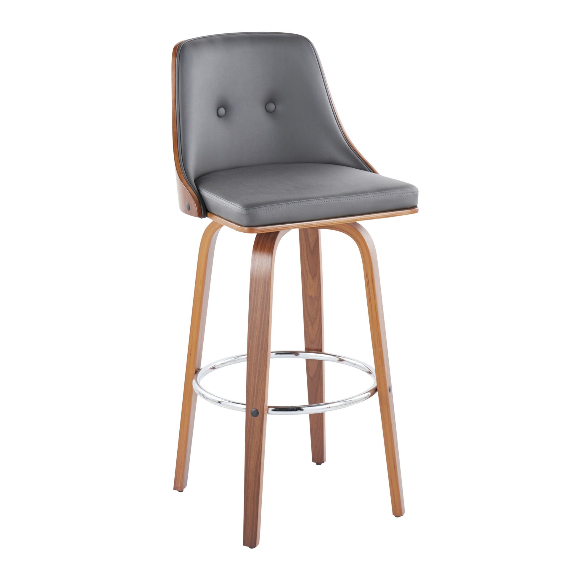 The Gianna mid-century modern barstool set features a curved wooden frame, gray padded seat and back, button accents, swivel function, and a round chrome footrest.