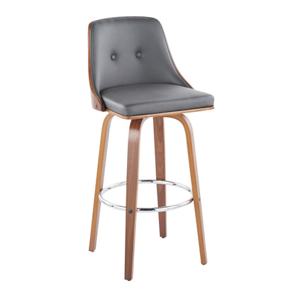 The Gianna mid-century modern barstool set features a curved wooden frame, gray padded seat and back, button accents, swivel function, and a round chrome footrest.