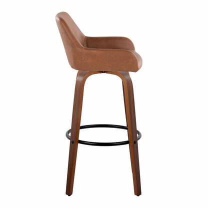 A side view of the Daniella Contemporary Barstool, featuring a brown cushioned seat, curved backrest, wooden legs, and a black round metal footrest. Set of 2, fixed height with swivel function.