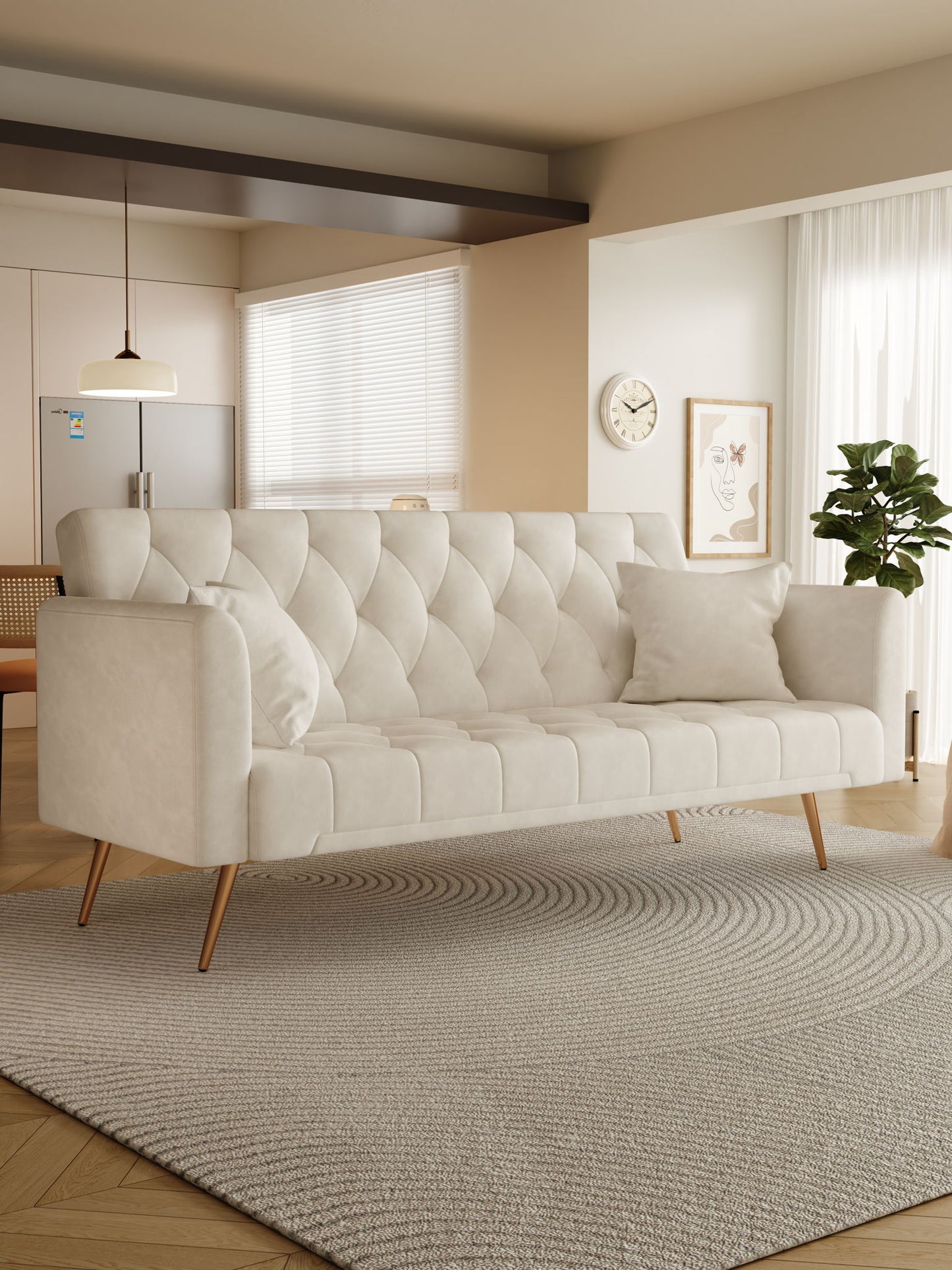 A modern living room features a Convertible Double Folding Living Room Sofa Bed with two matching pillows, a round textured rug, a potted plant, and wall art; kitchen and dining area appear in the background.