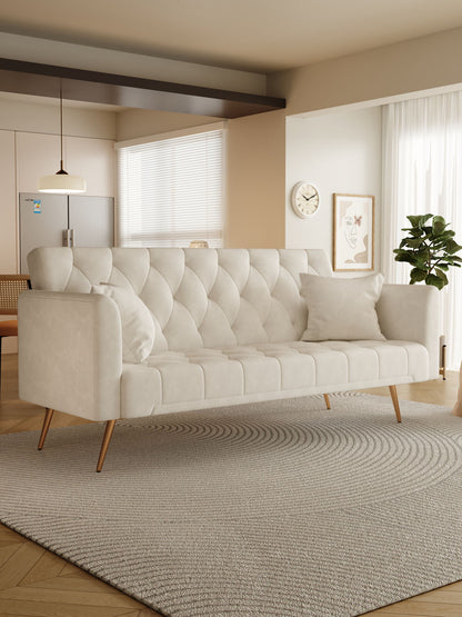 A modern living room features a Convertible Double Folding Living Room Sofa Bed with two matching pillows, a round textured rug, a potted plant, and wall art; kitchen and dining area appear in the background.