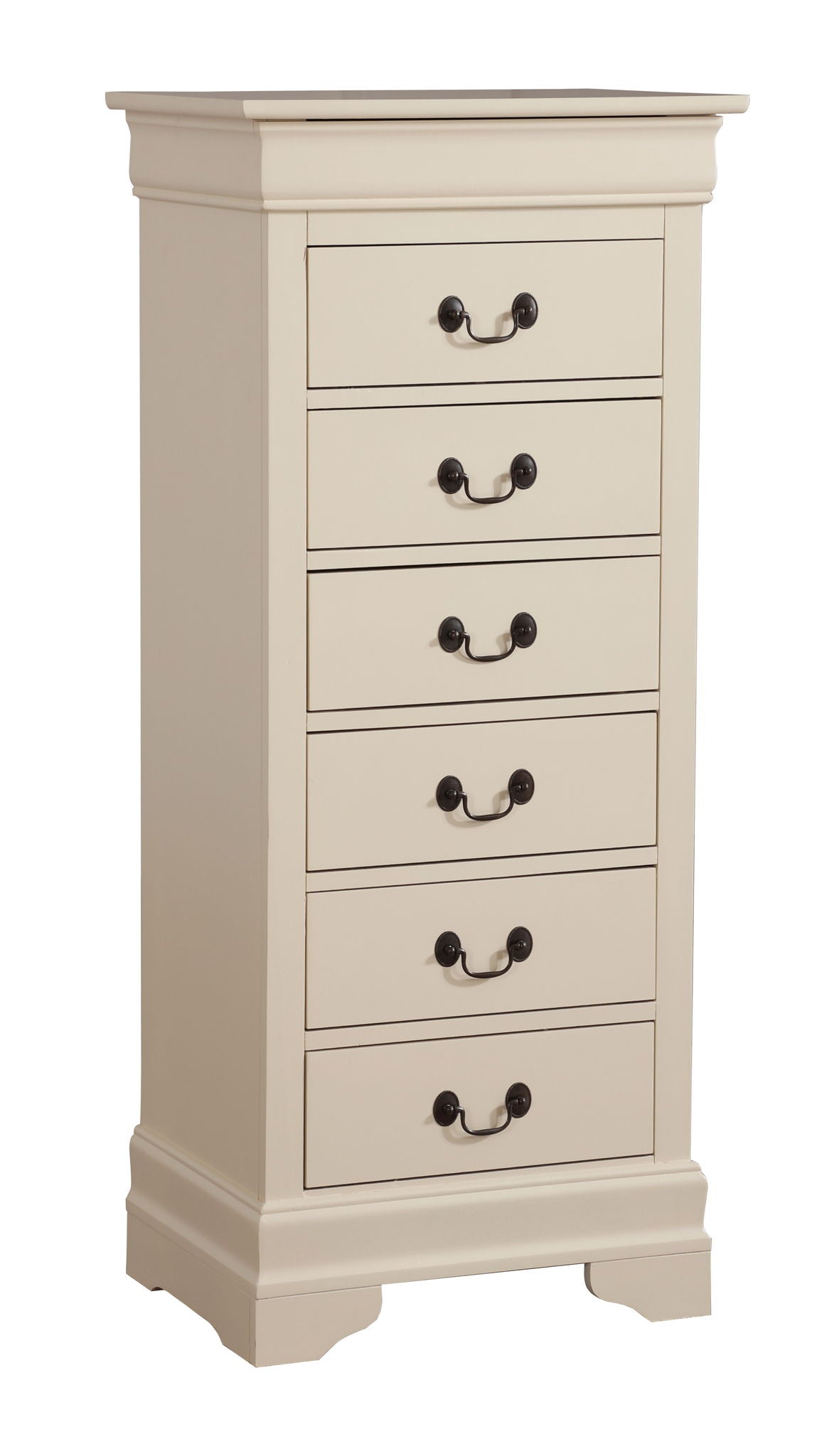 The Traditional Style Lingerie Storage Chest Timeless is a tall, cream-colored wooden dresser with six drawers, each featuring two dark metal handles, and stands on a sturdy base with decorative molding.