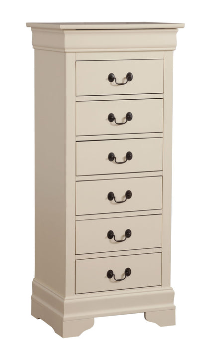 The Traditional Style Lingerie Storage Chest Timeless is a tall, cream-colored wooden dresser with six drawers, each featuring two dark metal handles, and stands on a sturdy base with decorative molding.