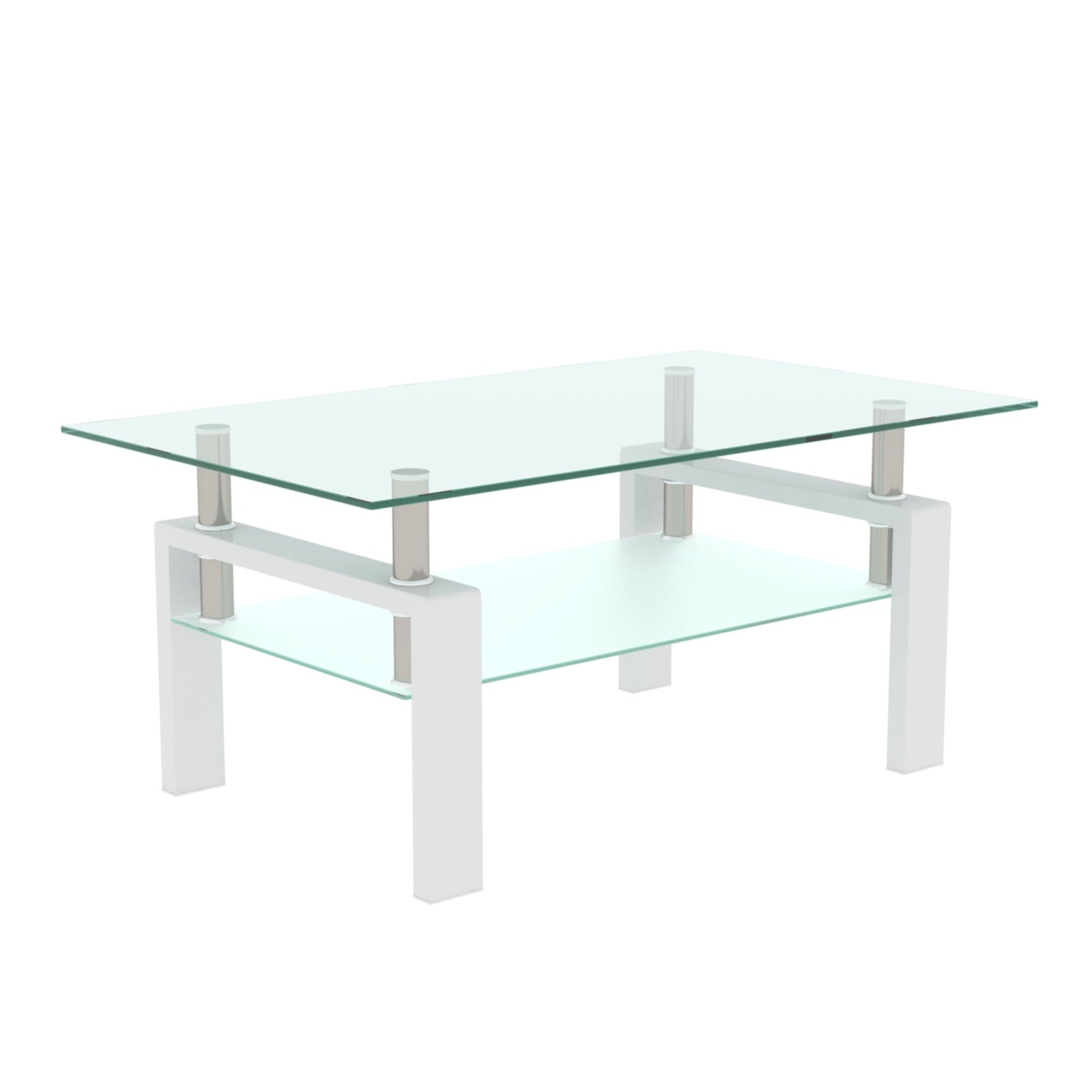The Rectangle Coffee Table is a modern side center table featuring a rectangular glass top, white legs, a lower glass shelf, and metal connectors for support. Its minimalist design makes it perfect for contemporary furniture settings.