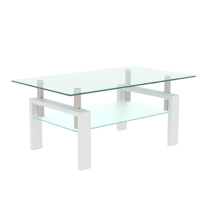 The Rectangle Coffee Table is a modern side center table featuring a rectangular glass top, white legs, a lower glass shelf, and metal connectors for support. Its minimalist design makes it perfect for contemporary furniture settings.
