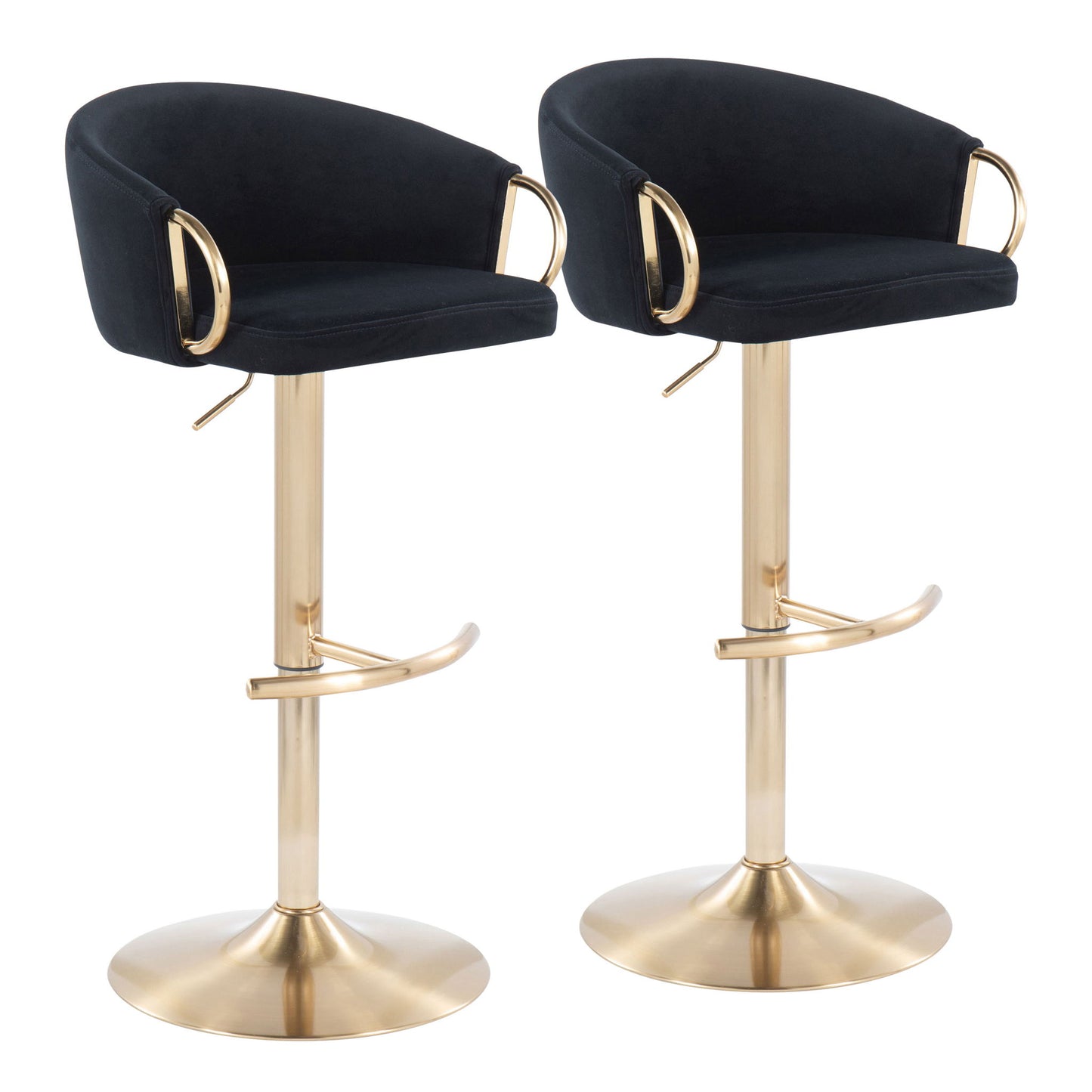 The Claire Contemporary/Glam Adjustable Bar Stool Set of 2 features gold metal bases with footrests, armrests, black cushioned seats, and curved backrests for a modern touch.