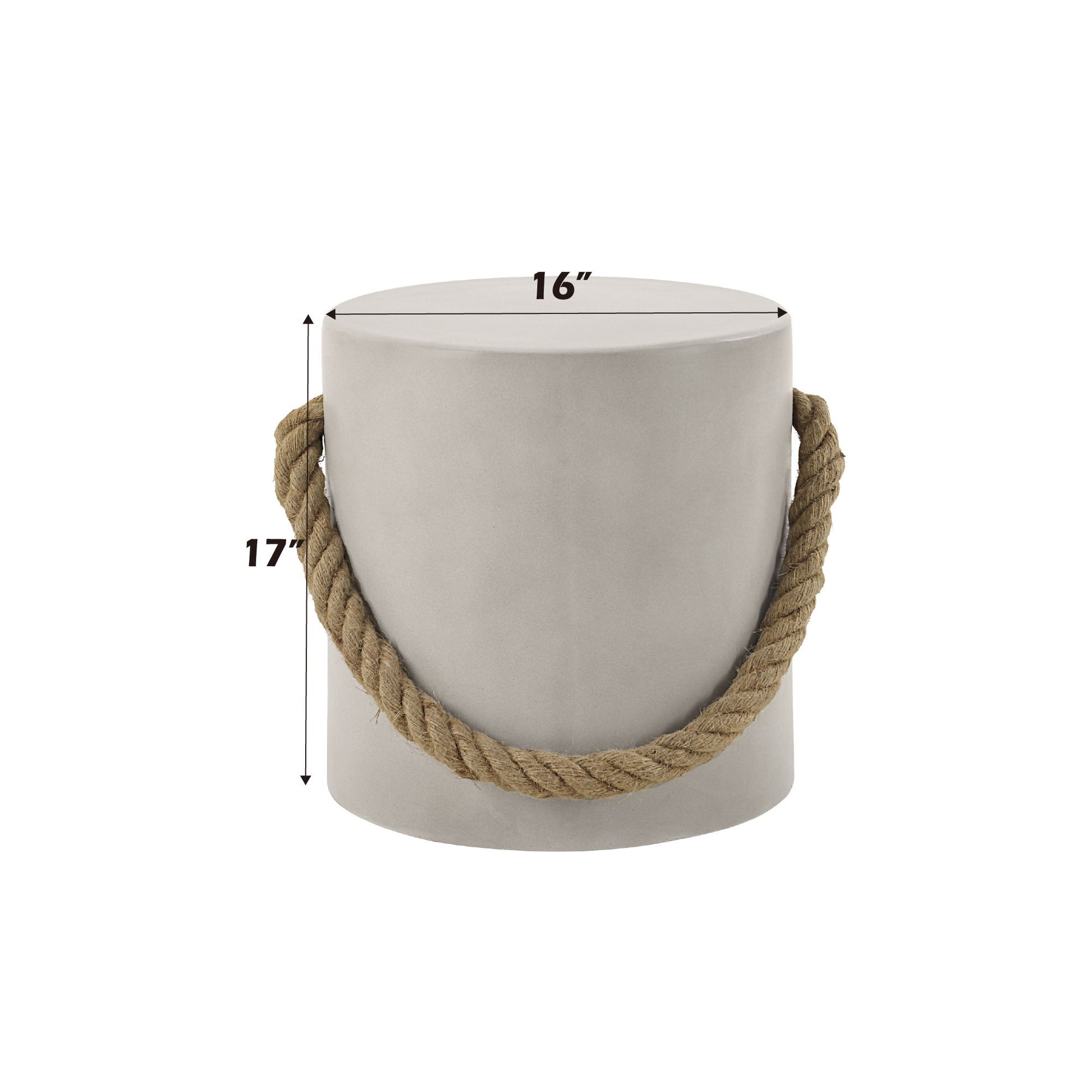 The Gene - Fiber Concrete Accent Table in gray is a round, light gray table measuring 16" in diameter and 17" high, featuring a thick knotted rope handle on both sides for easy carrying.