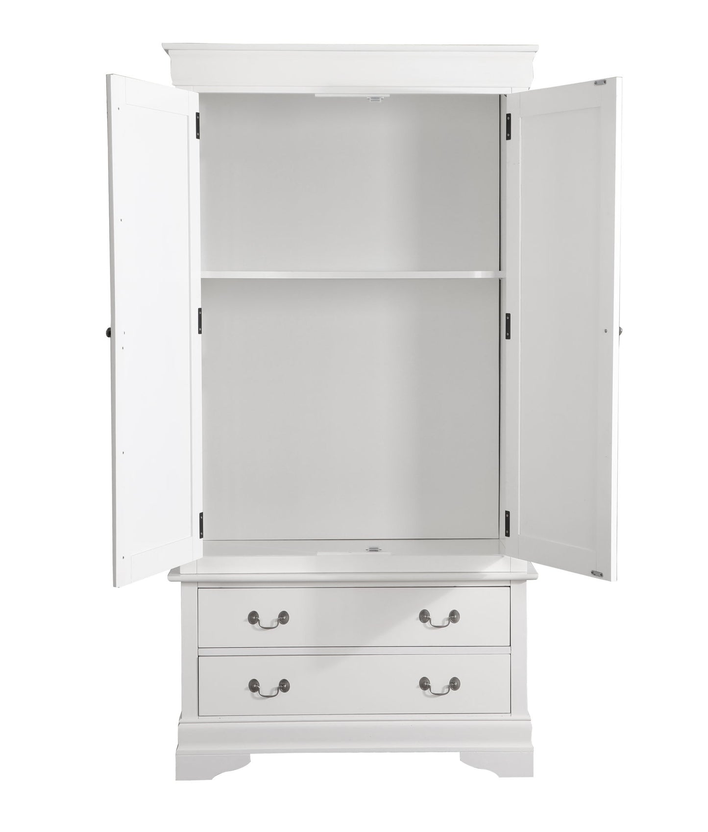 The Elegant Traditional Armoire is a white wooden piece featuring two open doors, an empty upper compartment with a single shelf, and two bottom drawers with silver handles.