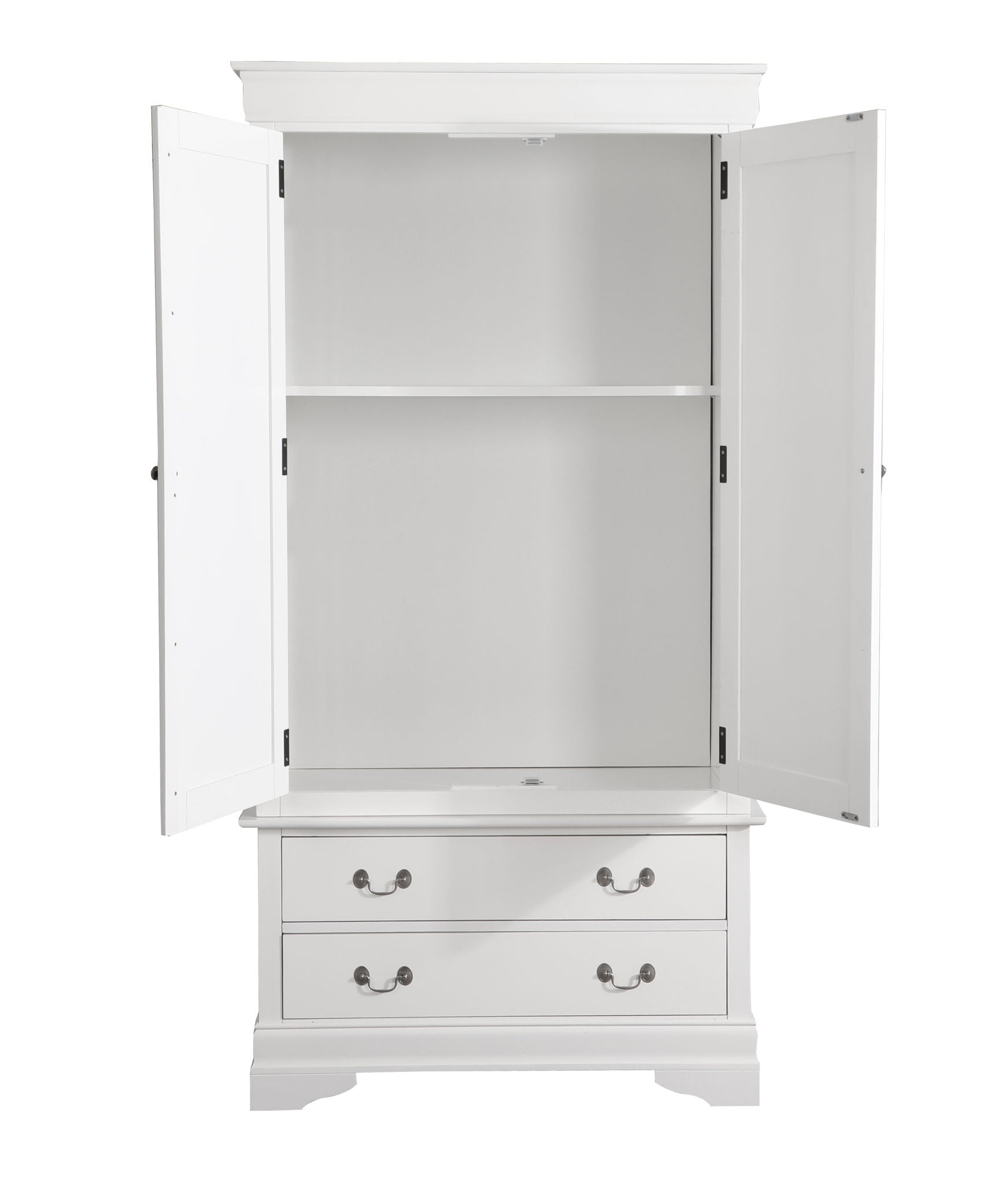 The Elegant Traditional Armoire is a white wooden piece featuring two open doors, an empty upper compartment with a single shelf, and two bottom drawers with silver handles.