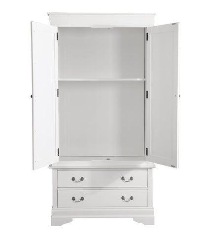 The Elegant Traditional Armoire is a white wooden piece featuring two open doors, an empty upper compartment with a single shelf, and two bottom drawers with silver handles.