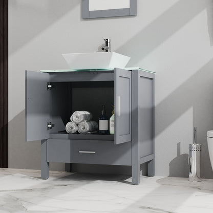 The Bathroom Vanity And Sink Combo Glass Top Cabinet With Mirror features open doors displaying rolled towels and toiletries, a modern white vessel sink on top, and is set against elegant white marble flooring.