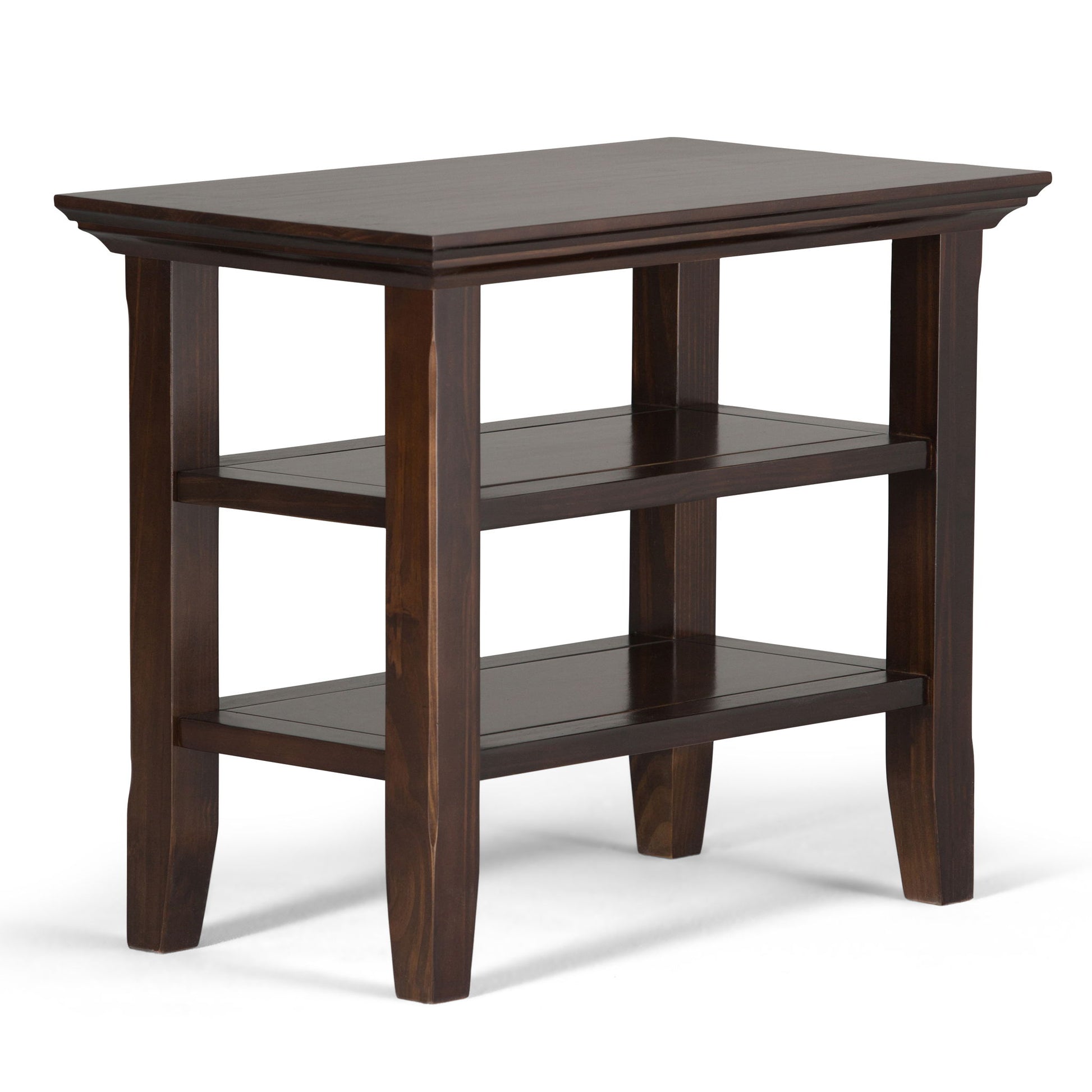 The Acadian - Narrow Side Table is handcrafted from dark wood, featuring a rectangular top, two open lower shelves, four straight legs, and a simple, classic design.