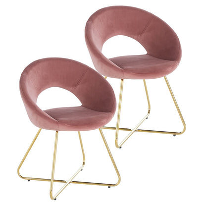 The Modern Accent Velvet Lounge Chair set includes two chairs with soft mauve upholstery, rounded backs, a lower backrest cut-out, and gold metal sled legs for a stylish touch.