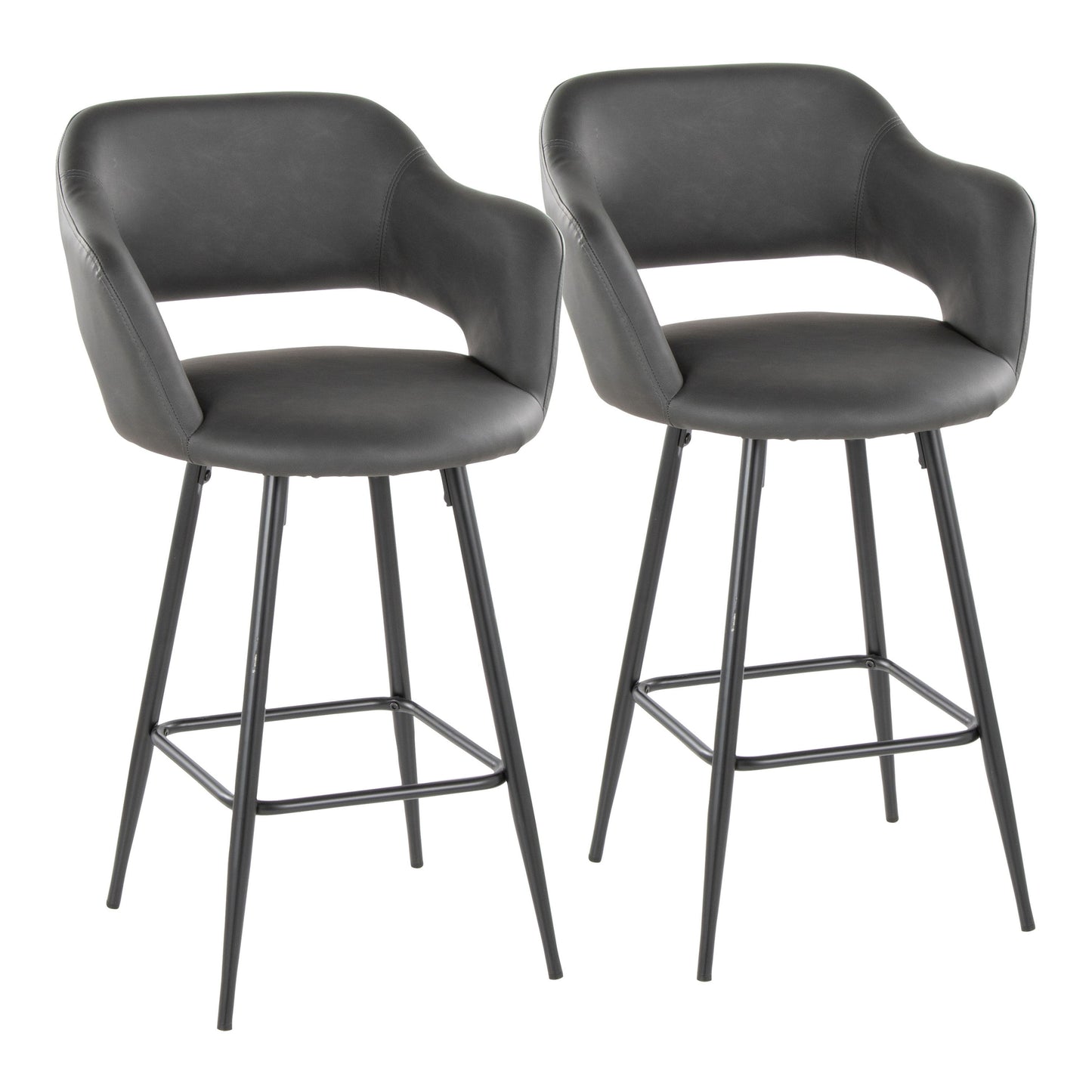 The Margarite set includes two contemporary bar stools featuring black cushioned seats and backrests, supported by four slender metal legs and a square footrest, offering sleek modern design.